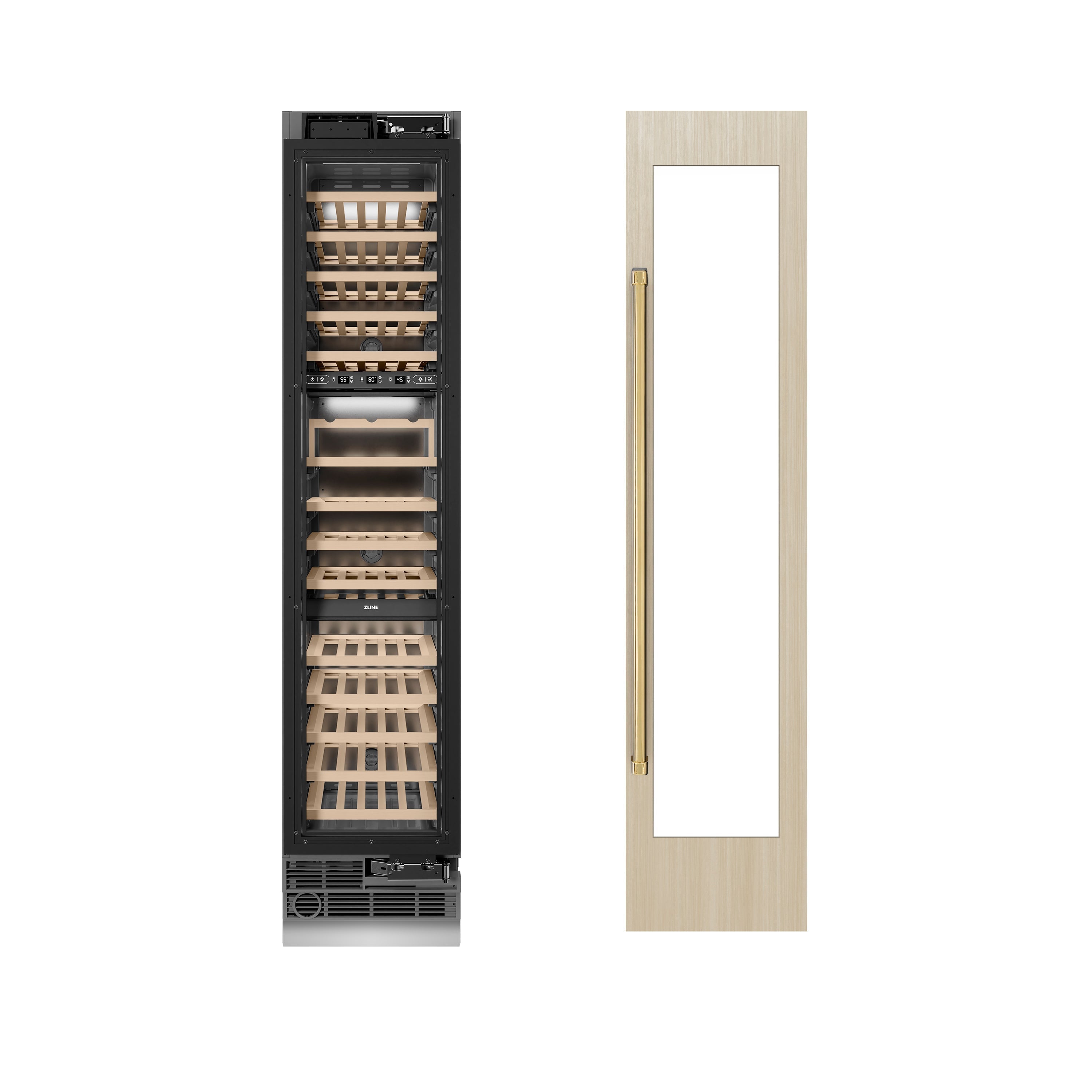 ZLINE Autograph 18" 9.0 cu. ft. Triple Zone 68 Bottle Panel Ready Right Hinge Column Wine Cooler with Polished Gold Accents, RBCWVRZ-18-G