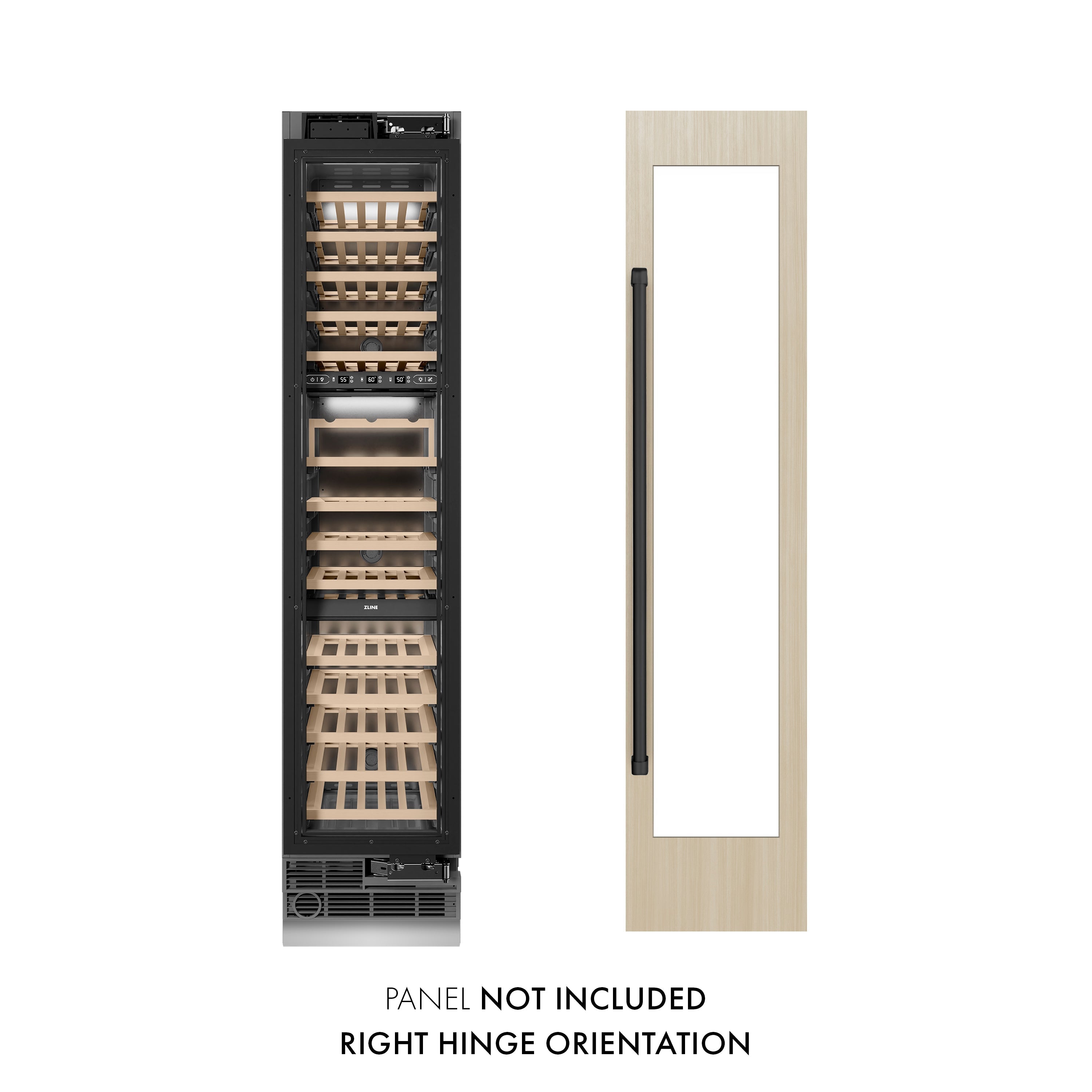 ZLINE Autograph 18" 9.0 cu. ft. Triple Zone 68 Bottle Panel Ready Right Hinge Column Wine Cooler with Matte Black Accents, RBCWVRZ-18-MB