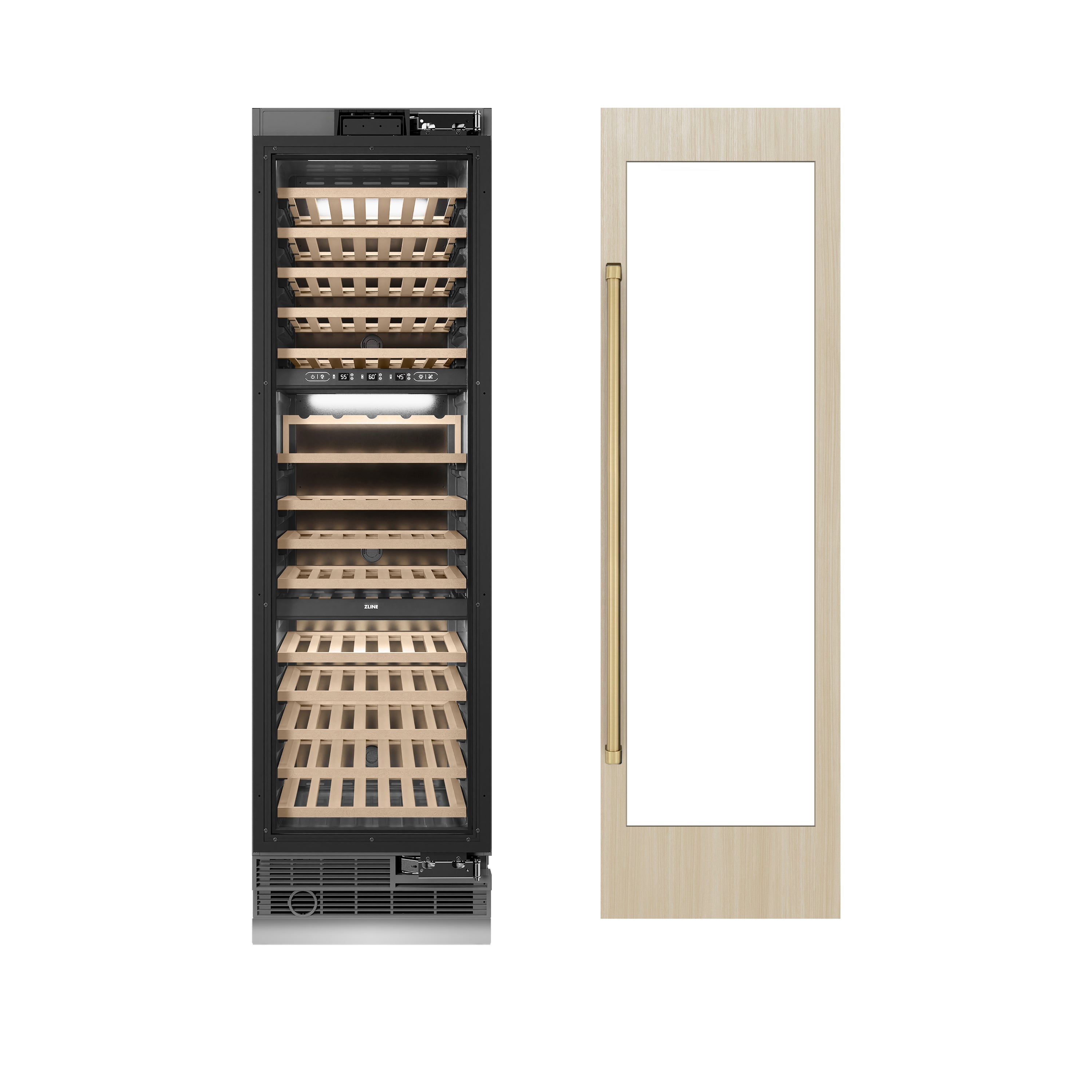 ZLINE Autograph 24" 12.4 cu. ft. Triple Zone 100 Bottle Panel Ready Column Wine Cooler with Champagne Bronze Accents, RBCWVZ-24-CB