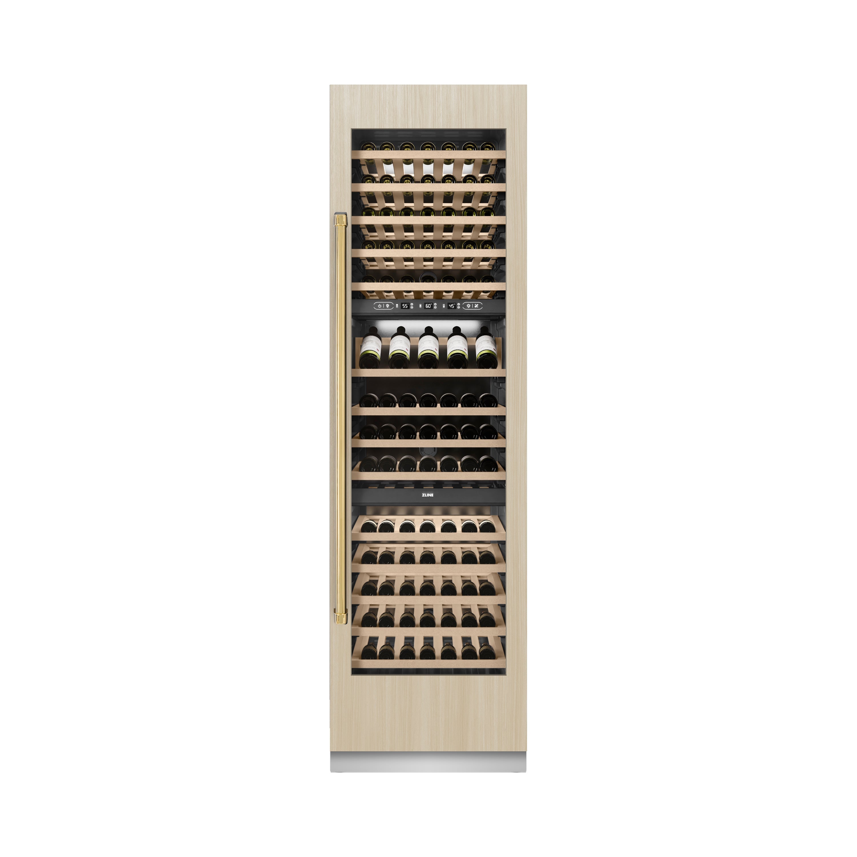 ZLINE Autograph 24" 12.4 cu. ft. Triple Zone 100 Bottle Panel Ready Column Wine Cooler with Polished Gold Accents, RBCWVZ-24-G