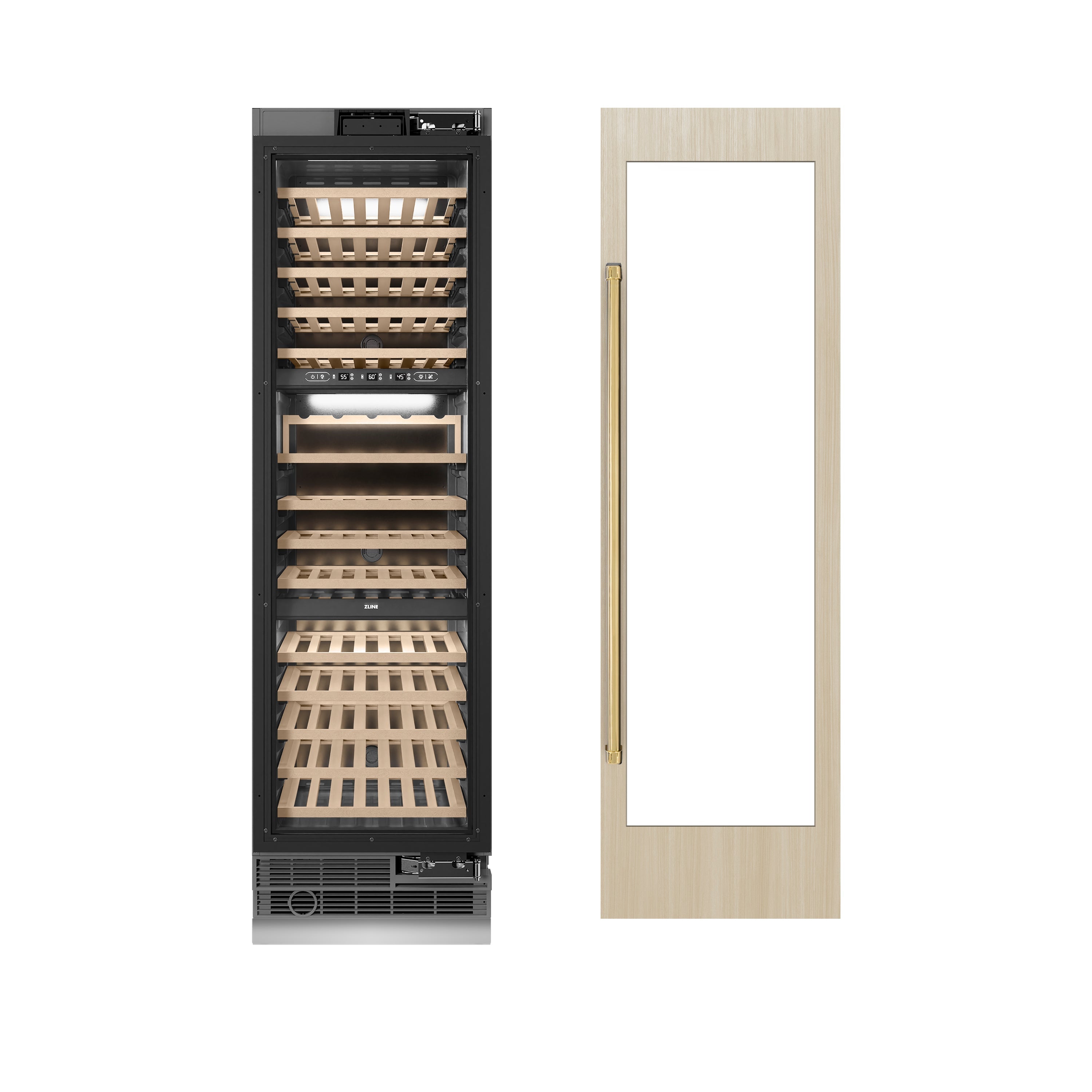 ZLINE Autograph 24" 12.4 cu. ft. Triple Zone 100 Bottle Panel Ready Column Wine Cooler with Polished Gold Accents, RBCWVZ-24-G
