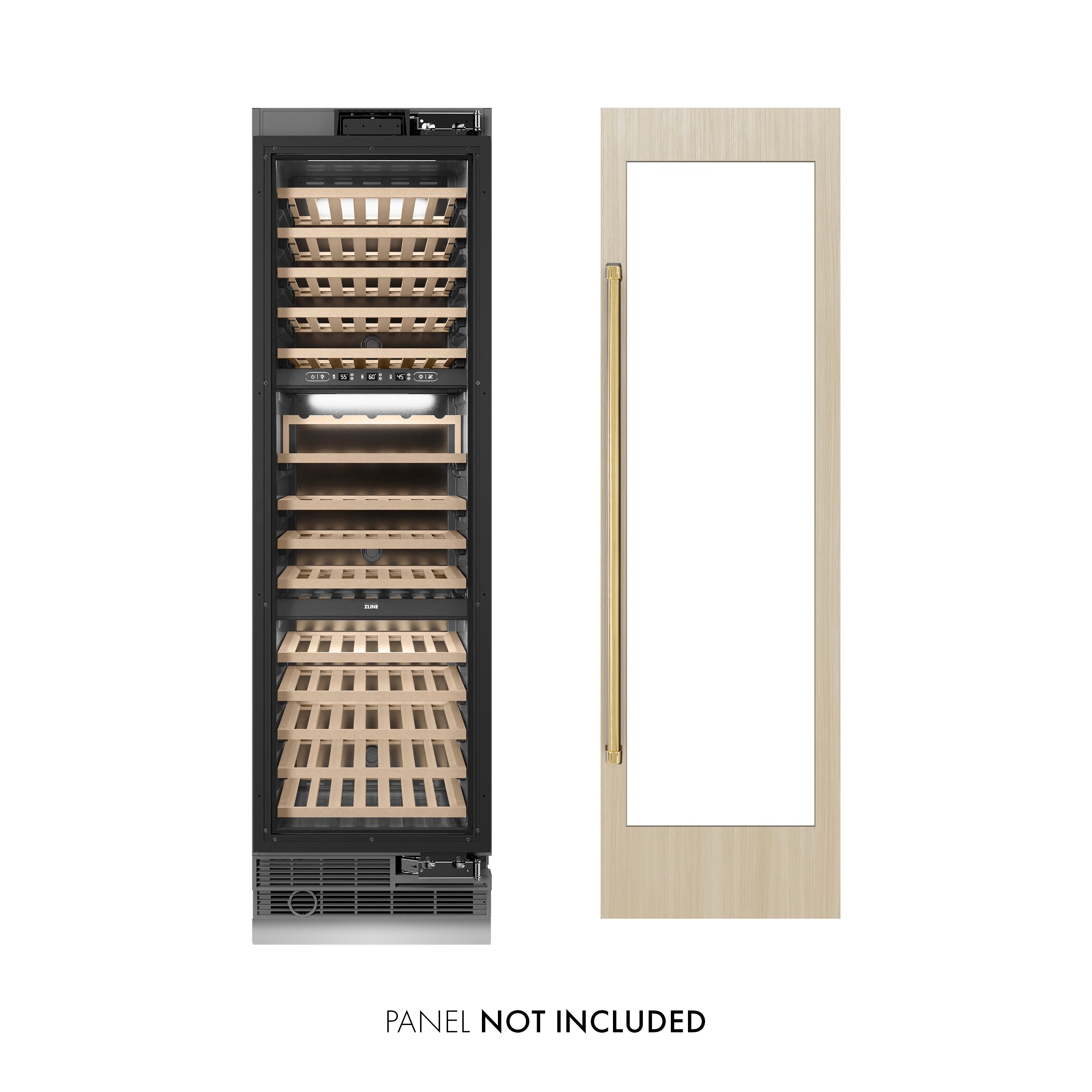 ZLINE Autograph 24" 12.4 cu. ft. Triple Zone 100 Bottle Panel Ready Column Wine Cooler with Polished Gold Accents, RBCWVZ-24-G