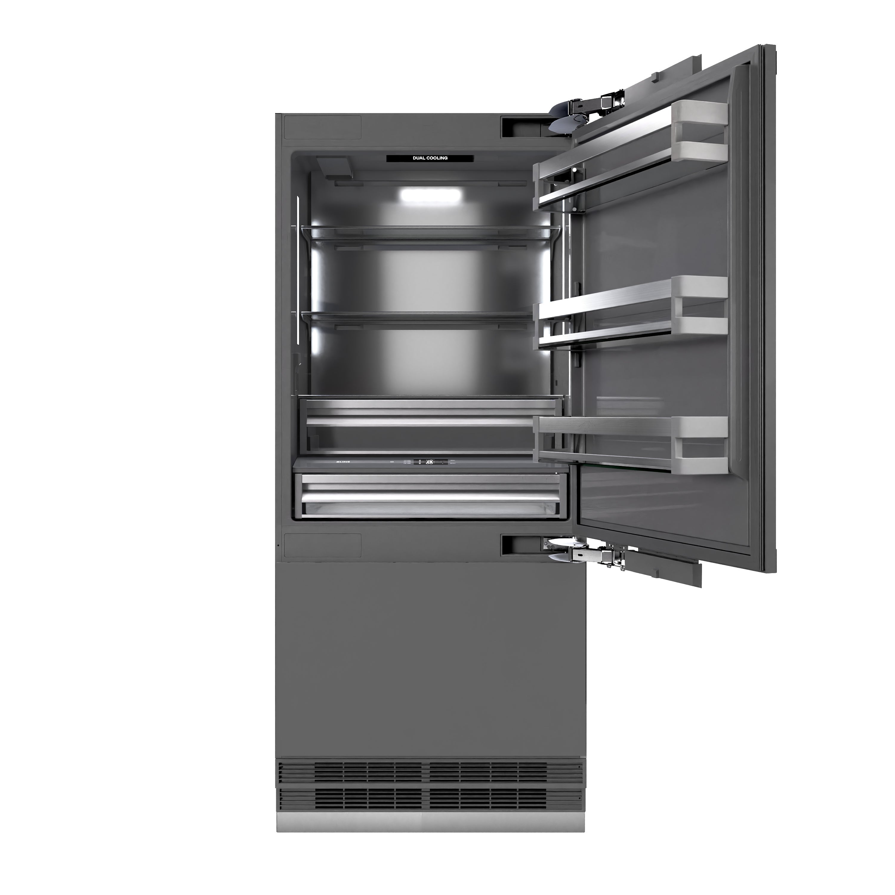 ZLINE 36 in. Built-In Bottom Freezer Refrigerator 19.8 Cu. Ft. Panel Ready Water Dispenser Ice Maker Graphite Gray Interior Polished Gold Accents (GRBITZ-36-G)