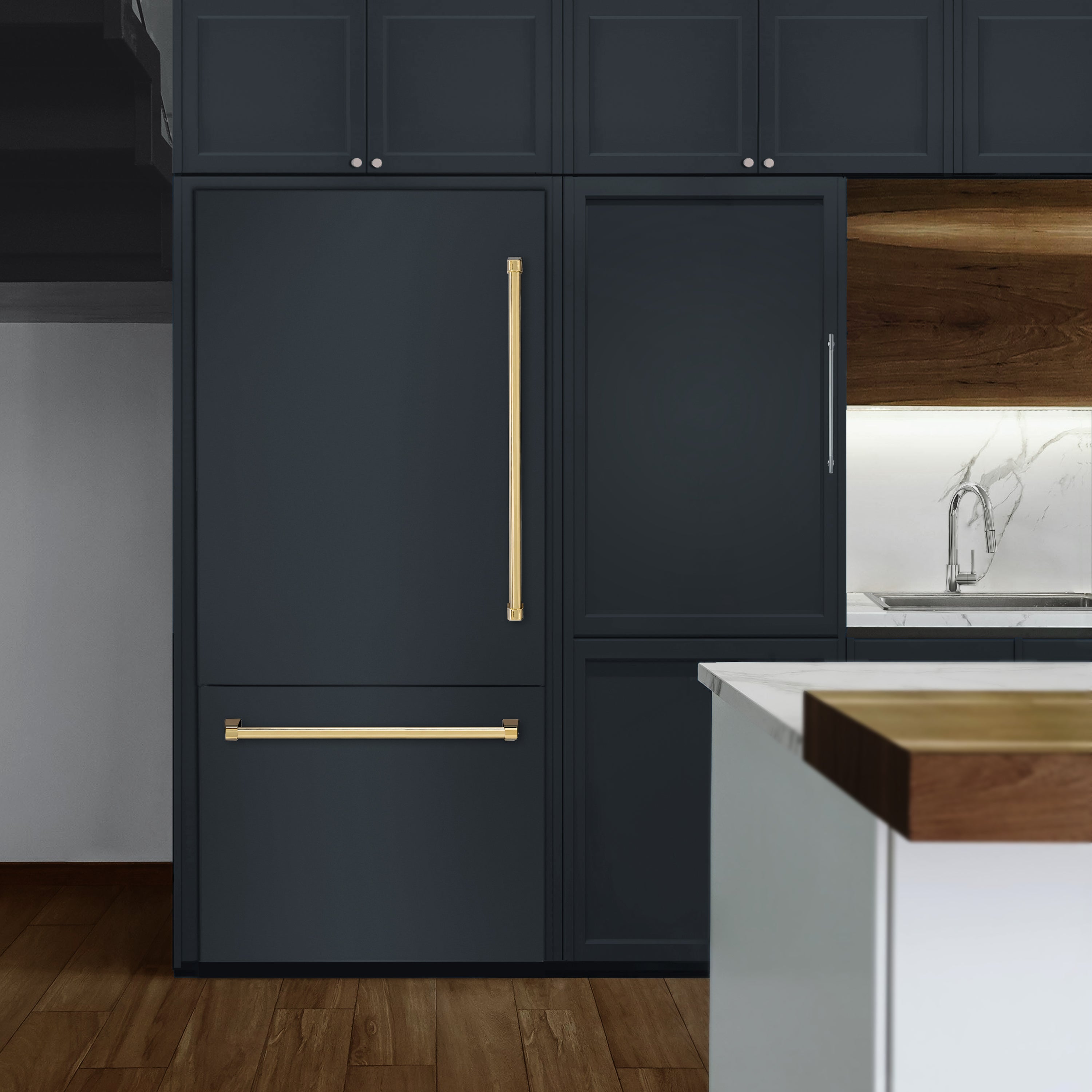 ZLINE 36 in. Built-In Bottom Freezer Refrigerator 19.8 Cu. Ft. Panel Ready Water Dispenser Ice Maker Graphite Gray Interior Polished Gold Accents (GRBITZ-36-G)