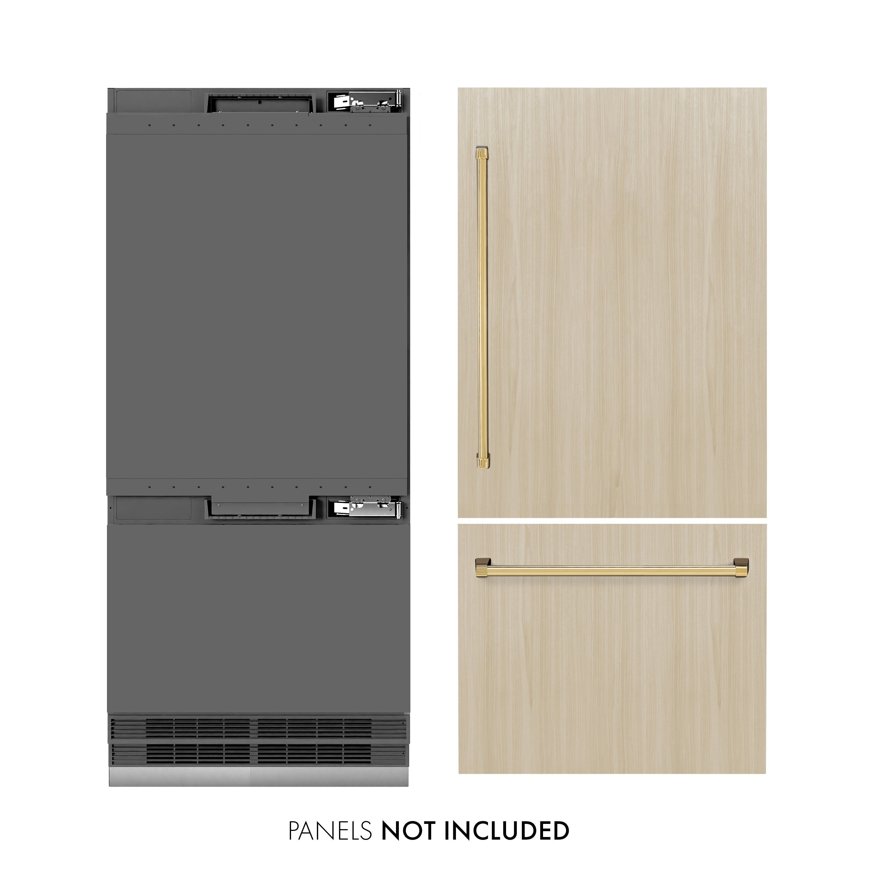 ZLINE 36 in. Built-In Bottom Freezer Refrigerator 19.8 Cu. Ft. Panel Ready Water Dispenser Ice Maker Graphite Gray Interior Polished Gold Accents (GRBITZ-36-G)