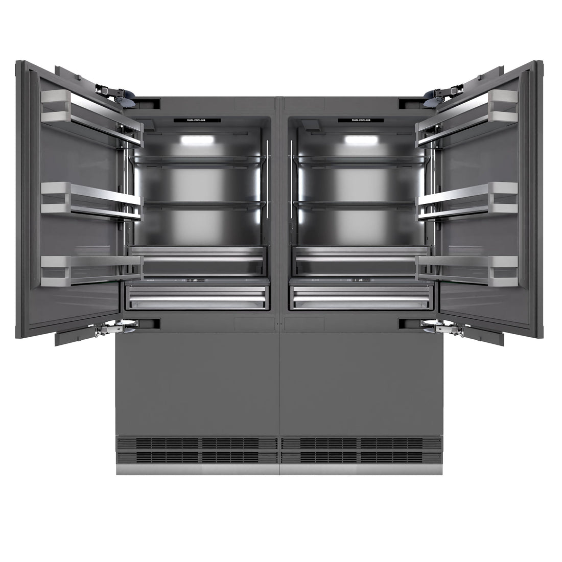 ZLINE 72 in. Panel Ready French Door Built-In Bottom Freezer Refrigerator, 39.6 cu. ft., Water Dispensers, Ice Makers, Graphite Gray Interior, Polished Gold Accents (GRBITZ-72-G)