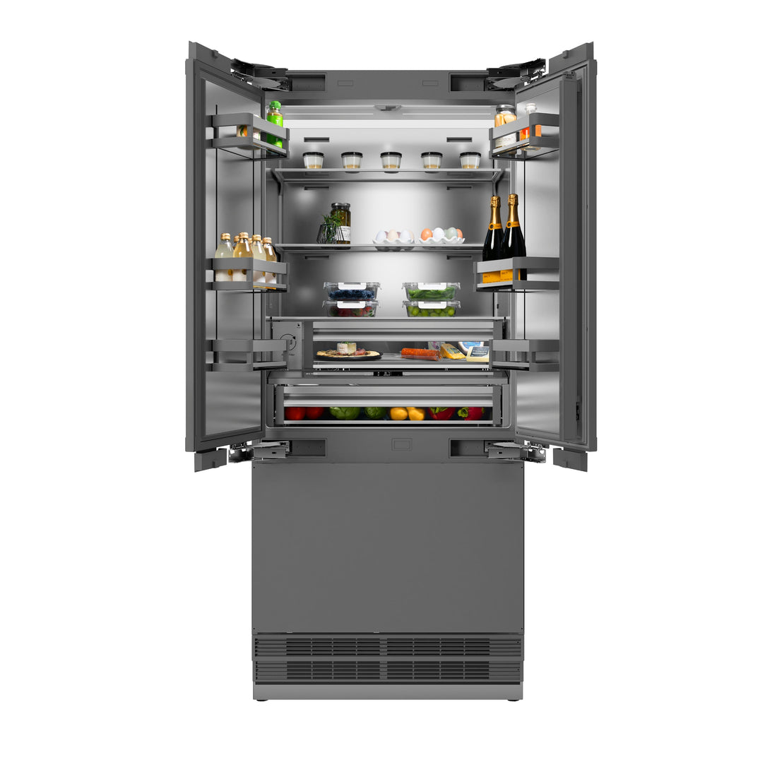 ZLINE 36 in. Panel Ready French Door Built-In Bottom Freezer Refrigerator 19.6 cu. ft. with Water Dispenser, Ice Maker, Stainless Steel Interior & Champagne Bronze Accents (SRBIVZ-36-CB)