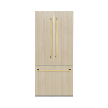 ZLINE 36 in. Panel Ready Built-In French Door Bottom Freezer Refrigerator 19.6 Cu. Ft. with Water Dispenser, Ice Maker, Stainless Steel Interior and Polished Gold Accents (SRBIVZ-36-G)