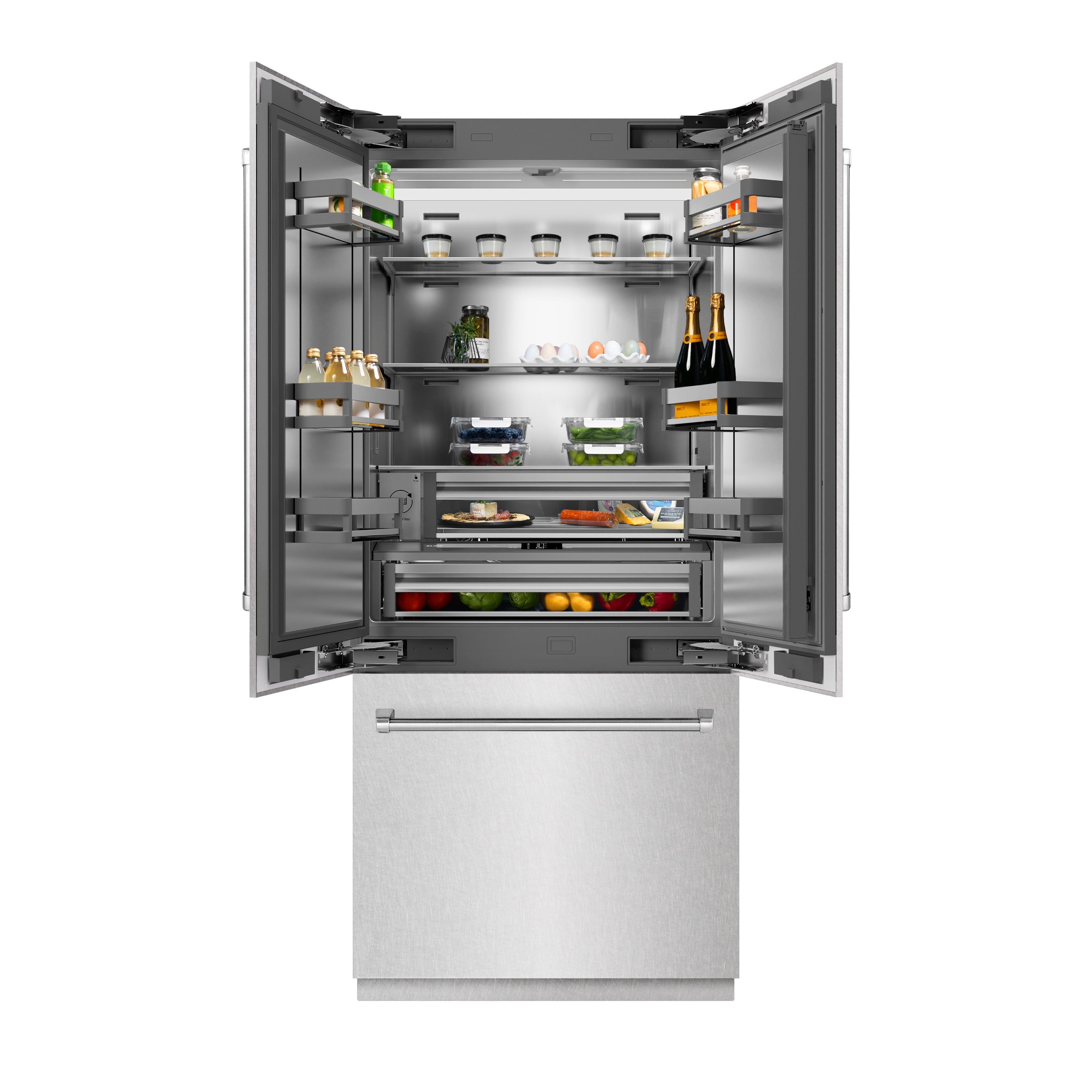 ZLINE 36 in. French Door Built-In Bottom Freezer Refrigerator 19.6 Cu. Ft. Water Dispenser Ice Maker Satin Stainless Steel (SRBIV-SN-36)