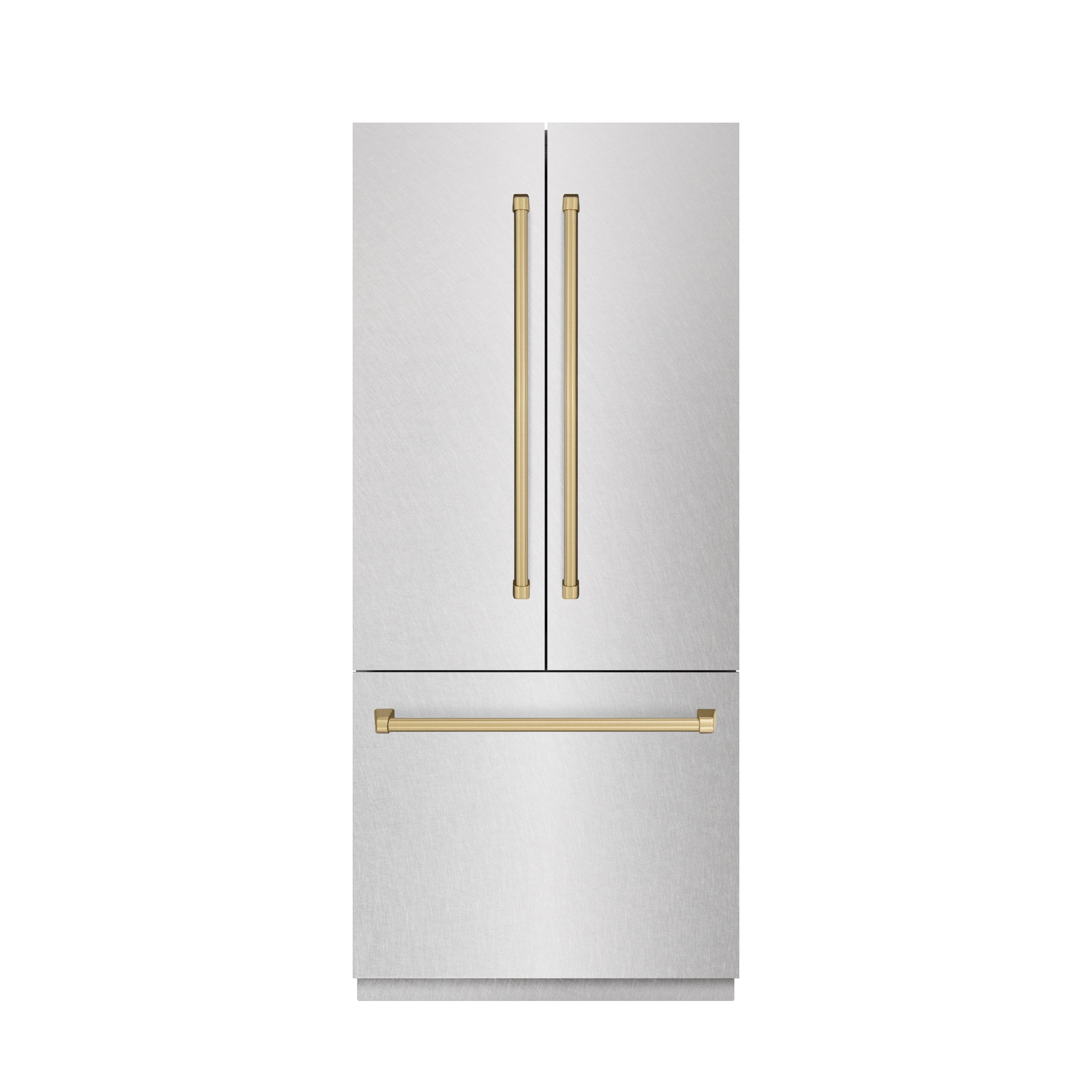 ZLINE 36 in. French Door Built-In Bottom Freezer Refrigerator 19.6 cu. ft. Water Dispenser Ice Maker Satin Stainless Steel Champagne Bronze Accents (SRBIVZ-SN-36-CB)