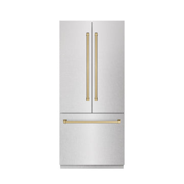 ZLINE 36 in. French Door Built-In Bottom Freezer Refrigerator 19.6 cu. ft. Water Dispenser Ice Maker Satin Stainless Steel Champagne Bronze Accents (SRBIVZ-SN-36-CB)