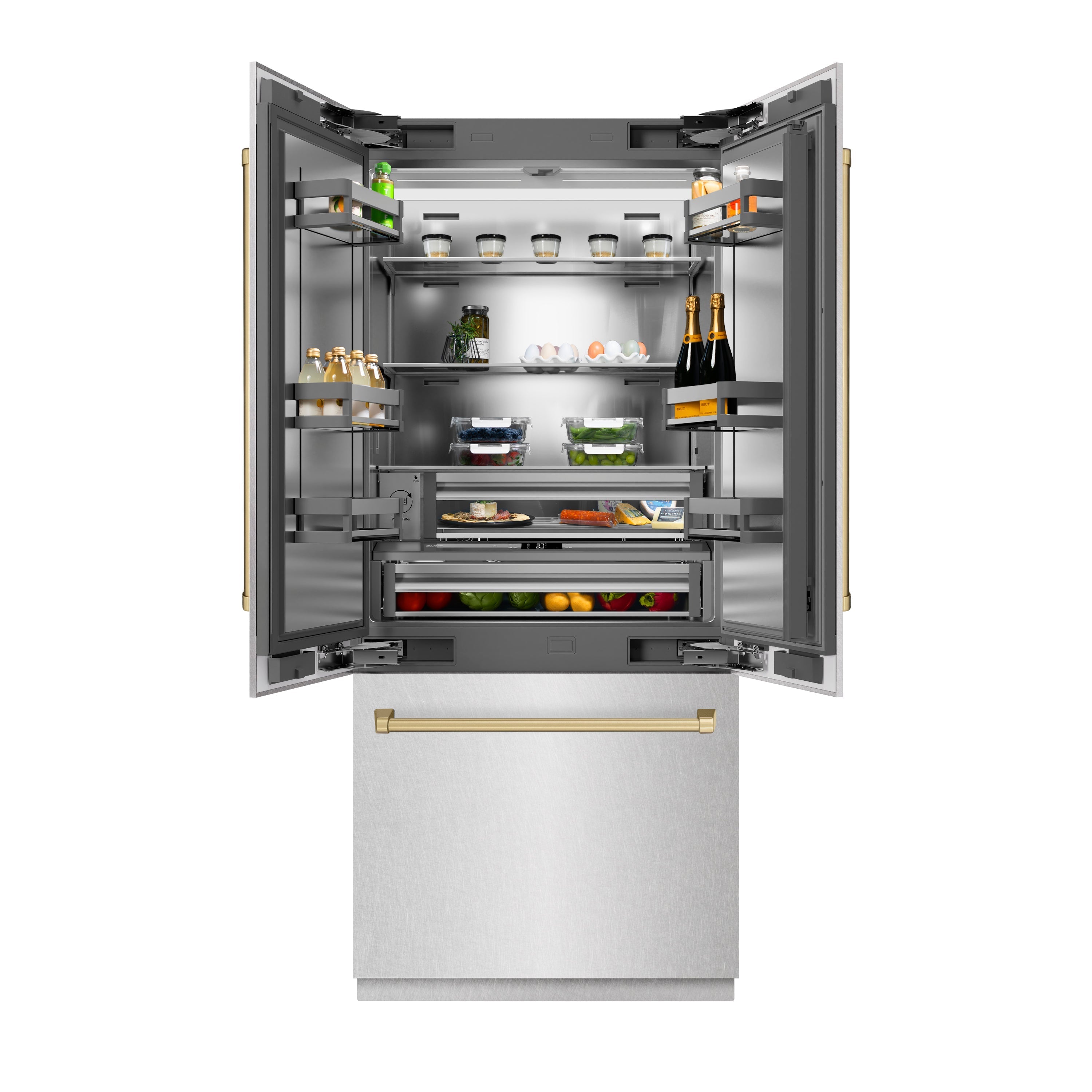 ZLINE 36 in. French Door Built-In Bottom Freezer Refrigerator 19.6 cu. ft. Water Dispenser Ice Maker Satin Stainless Steel Champagne Bronze Accents (SRBIVZ-SN-36-CB)