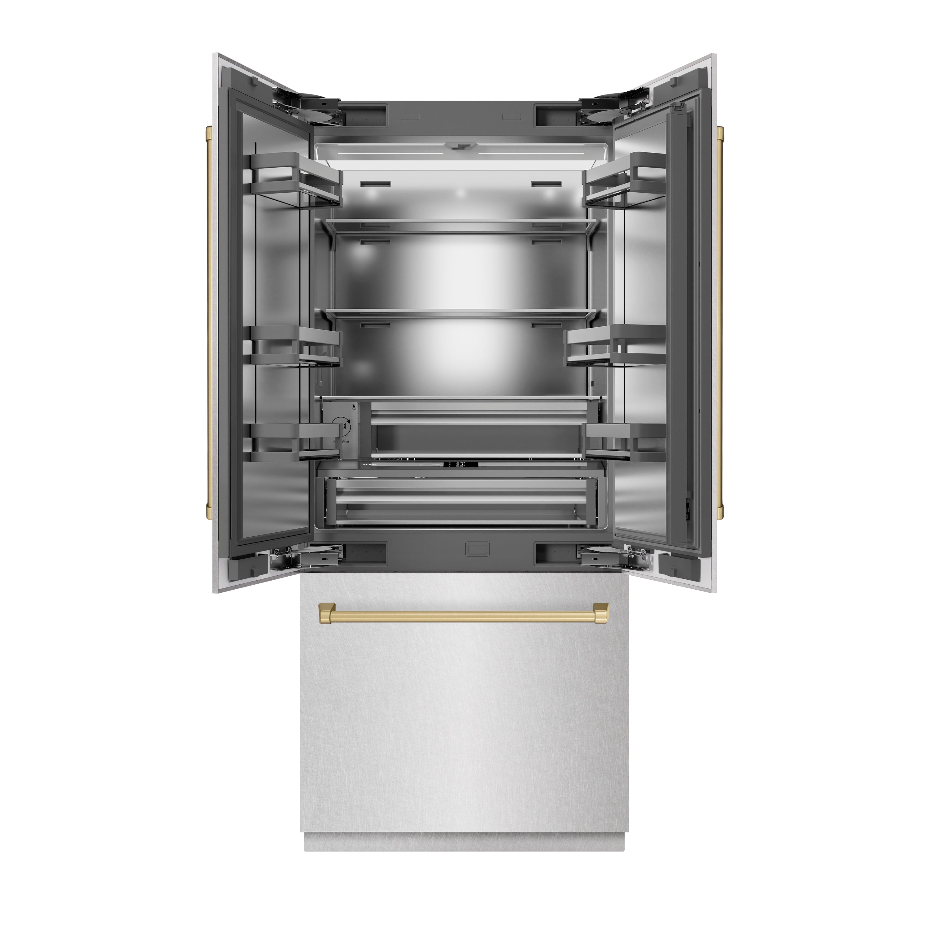 ZLINE 36 in. French Door Built-In Bottom Freezer Refrigerator 19.6 cu. ft. Water Dispenser Ice Maker Satin Stainless Steel Champagne Bronze Accents (SRBIVZ-SN-36-CB)