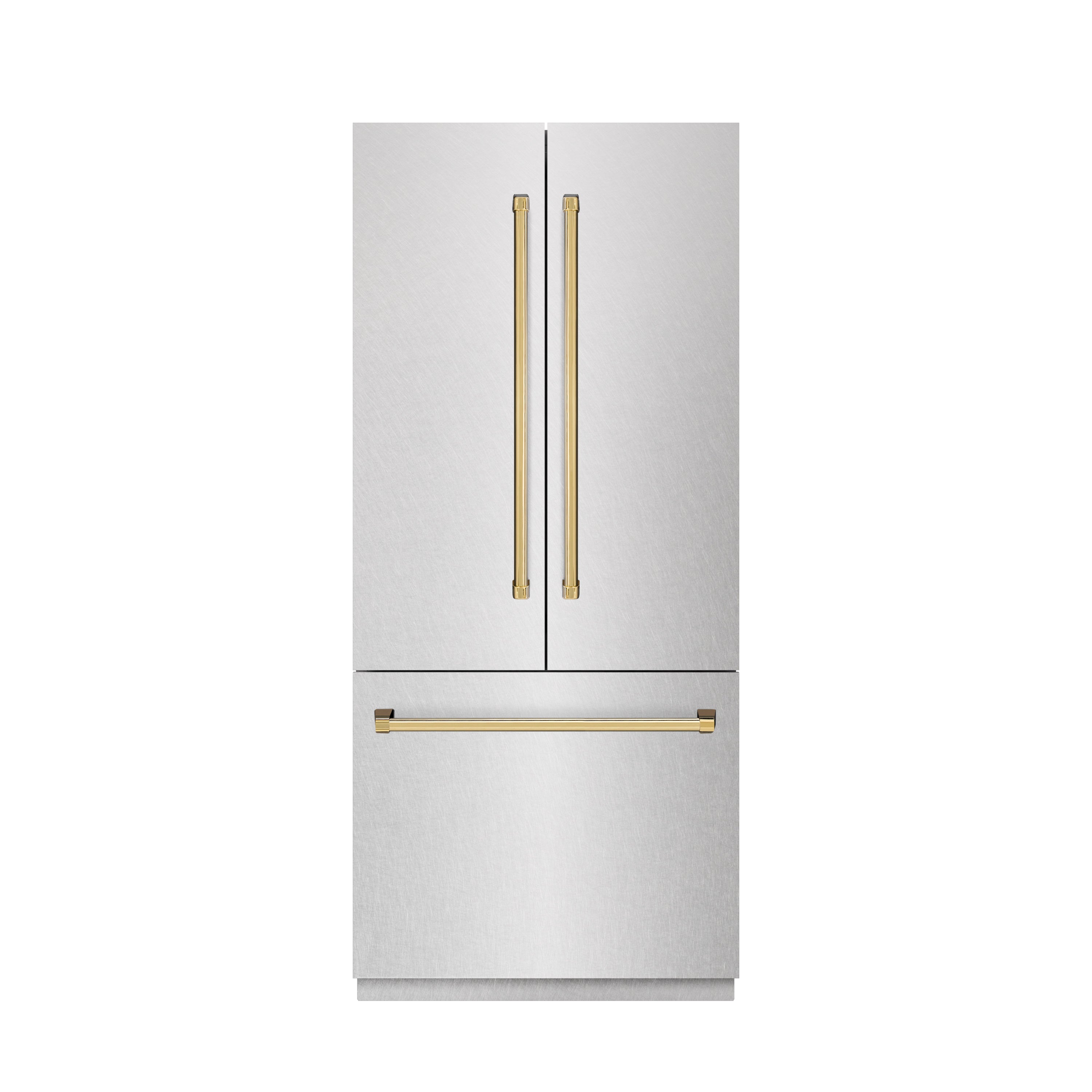 ZLINE 36 in. French Door Built-In Bottom Freezer Refrigerator 19.6 Cu. Ft. Water Dispenser Ice Maker Satin Stainless Steel Polished Gold Accents (SRBIVZ-SN-36-G)
