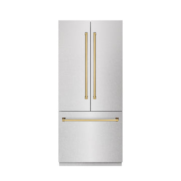 ZLINE 36 in. French Door Built-In Bottom Freezer Refrigerator 19.6 Cu. Ft. Water Dispenser Ice Maker Satin Stainless Steel Polished Gold Accents (SRBIVZ-SN-36-G)