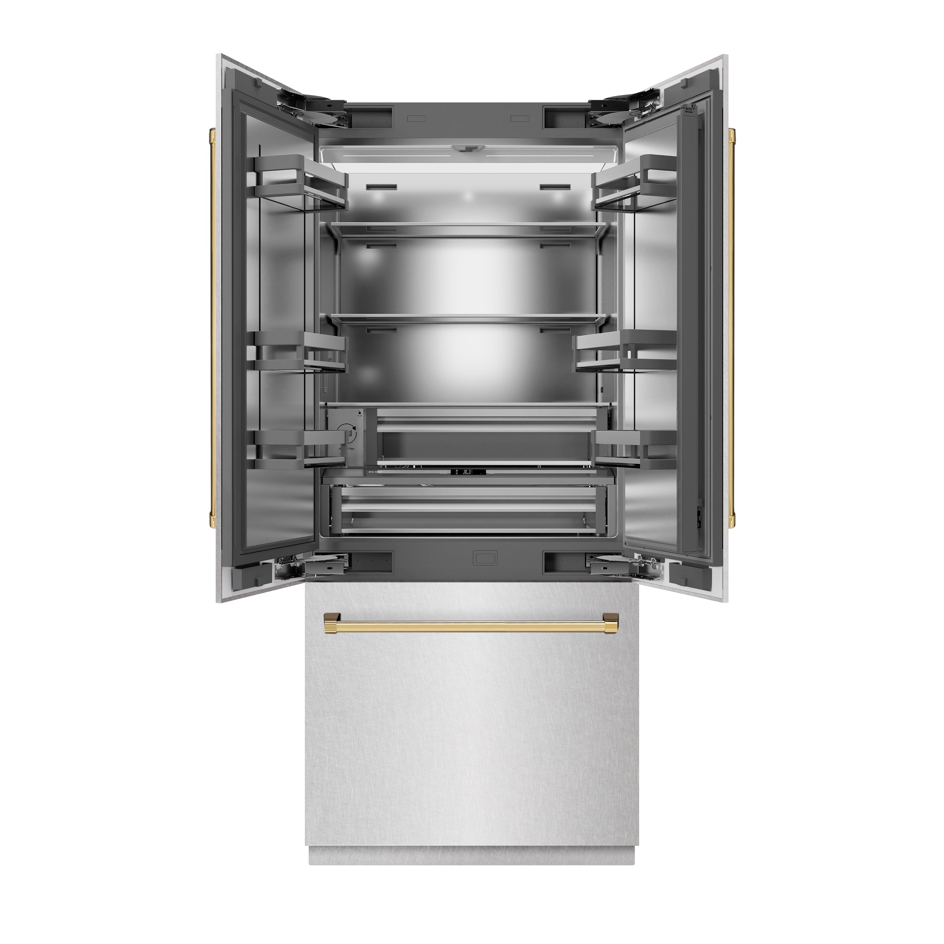 ZLINE 36 in. French Door Built-In Bottom Freezer Refrigerator 19.6 Cu. Ft. Water Dispenser Ice Maker Satin Stainless Steel Polished Gold Accents (SRBIVZ-SN-36-G)