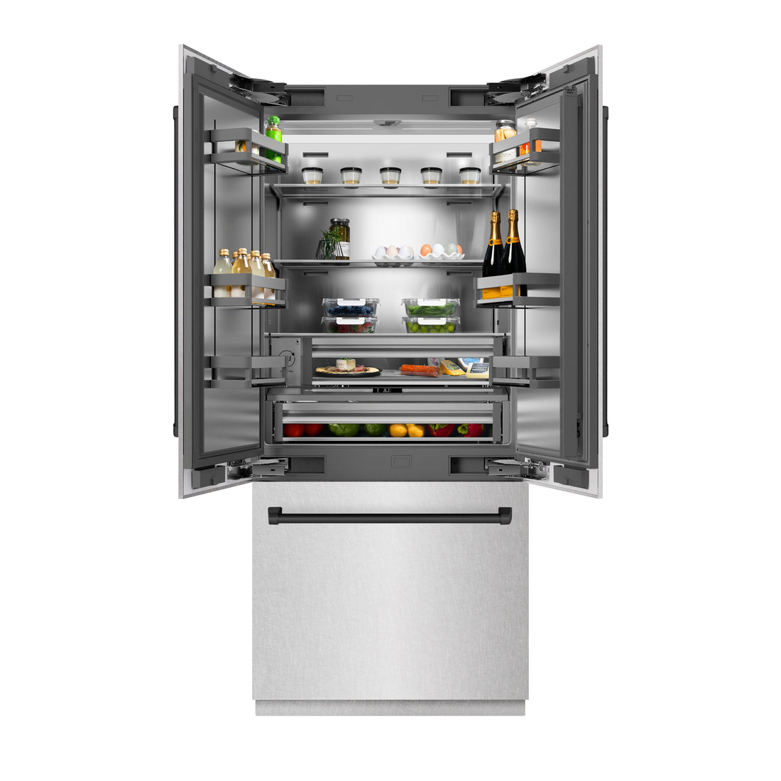 ZLINE 36 in. French Door Built-In Bottom Freezer Refrigerator 19.6 Cu. Ft. Water Dispenser Ice Maker Satin Stainless Steel Stainless Steel Interior Matte Black Accents (SRBIVZ-SN-36-MB)