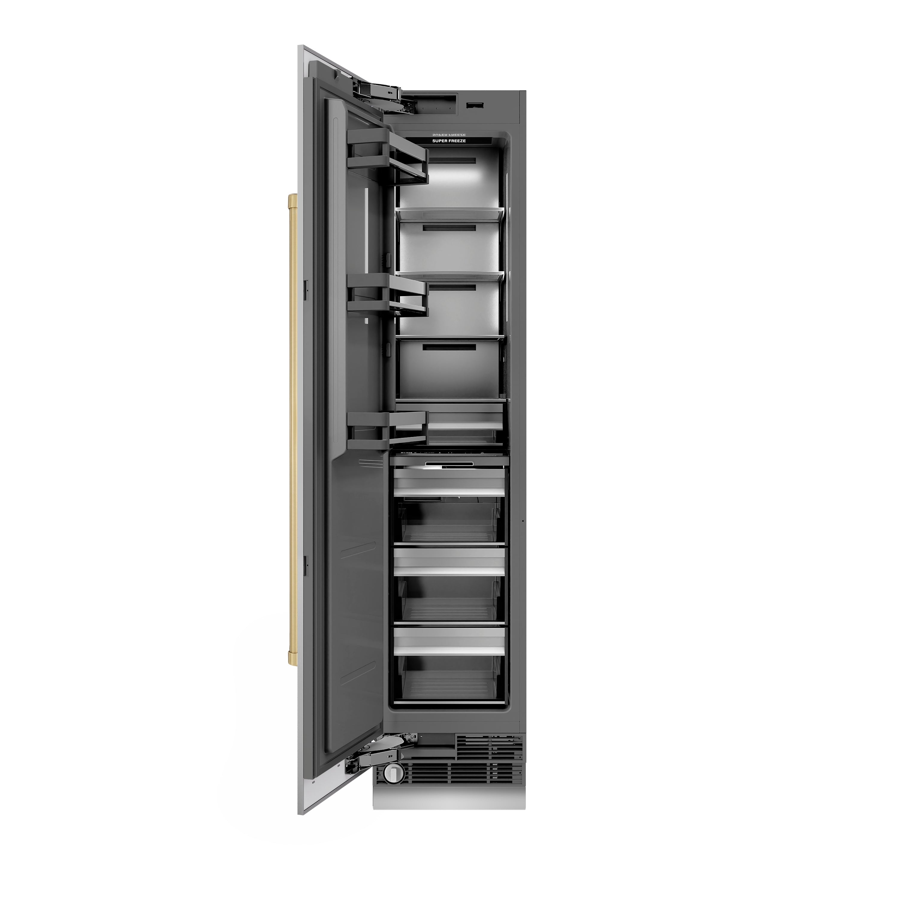 ZLINE Autograph 18" 8.6 cu. ft. Left Hinge Column Freezer in Stainless Steel with Graphite Gray Interior and Champagne Bronze Accents, RCFVLZ-30418-CB