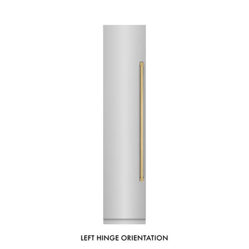 ZLINE Autograph 18" 8.6 cu. ft. Left Hinge Column Freezer in Stainless Steel with Graphite Gray Interior and Polished Gold Accents, RCFVLZ-30418-G