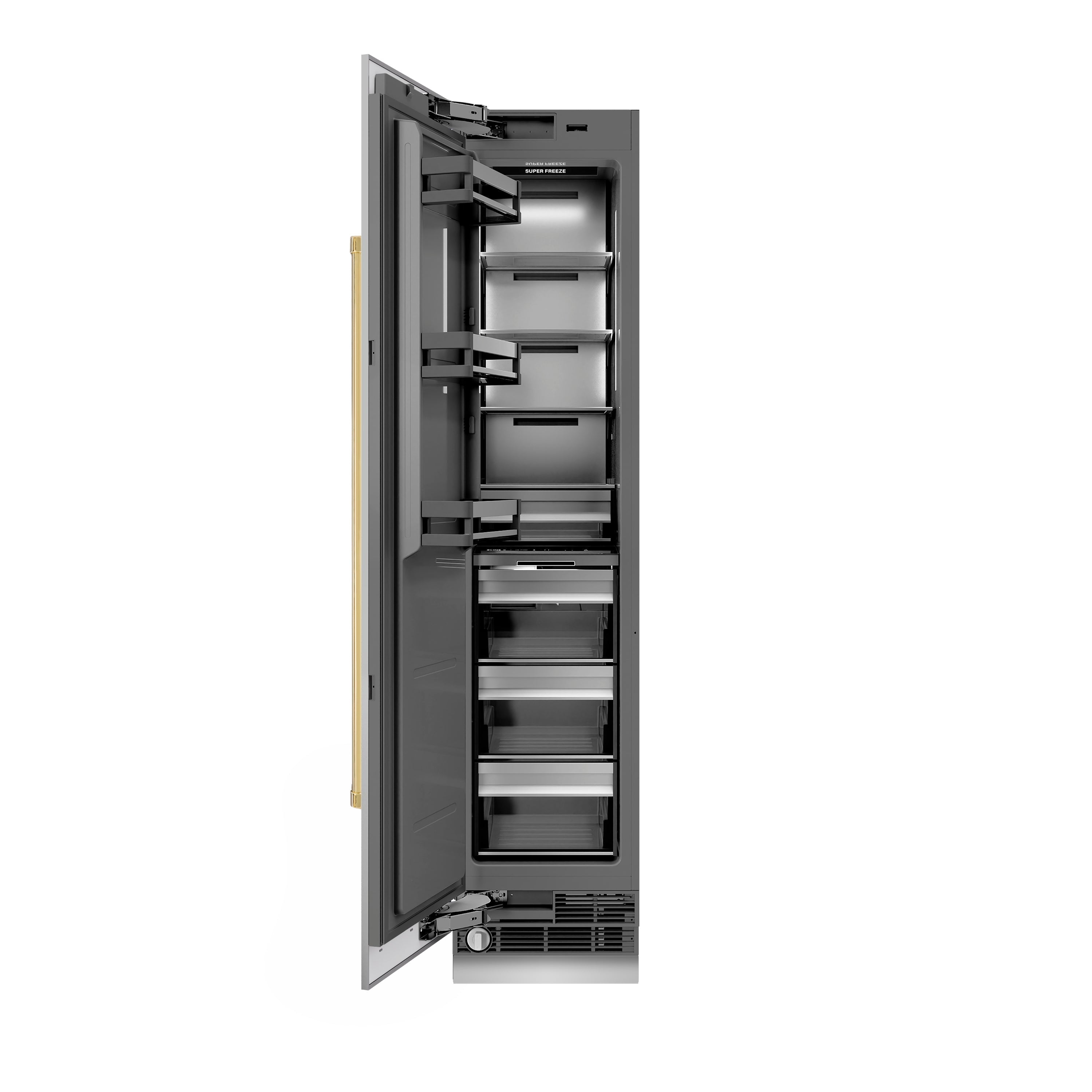 ZLINE Autograph 18" 8.6 cu. ft. Left Hinge Column Freezer in Stainless Steel with Graphite Gray Interior and Polished Gold Accents, RCFVLZ-30418-G