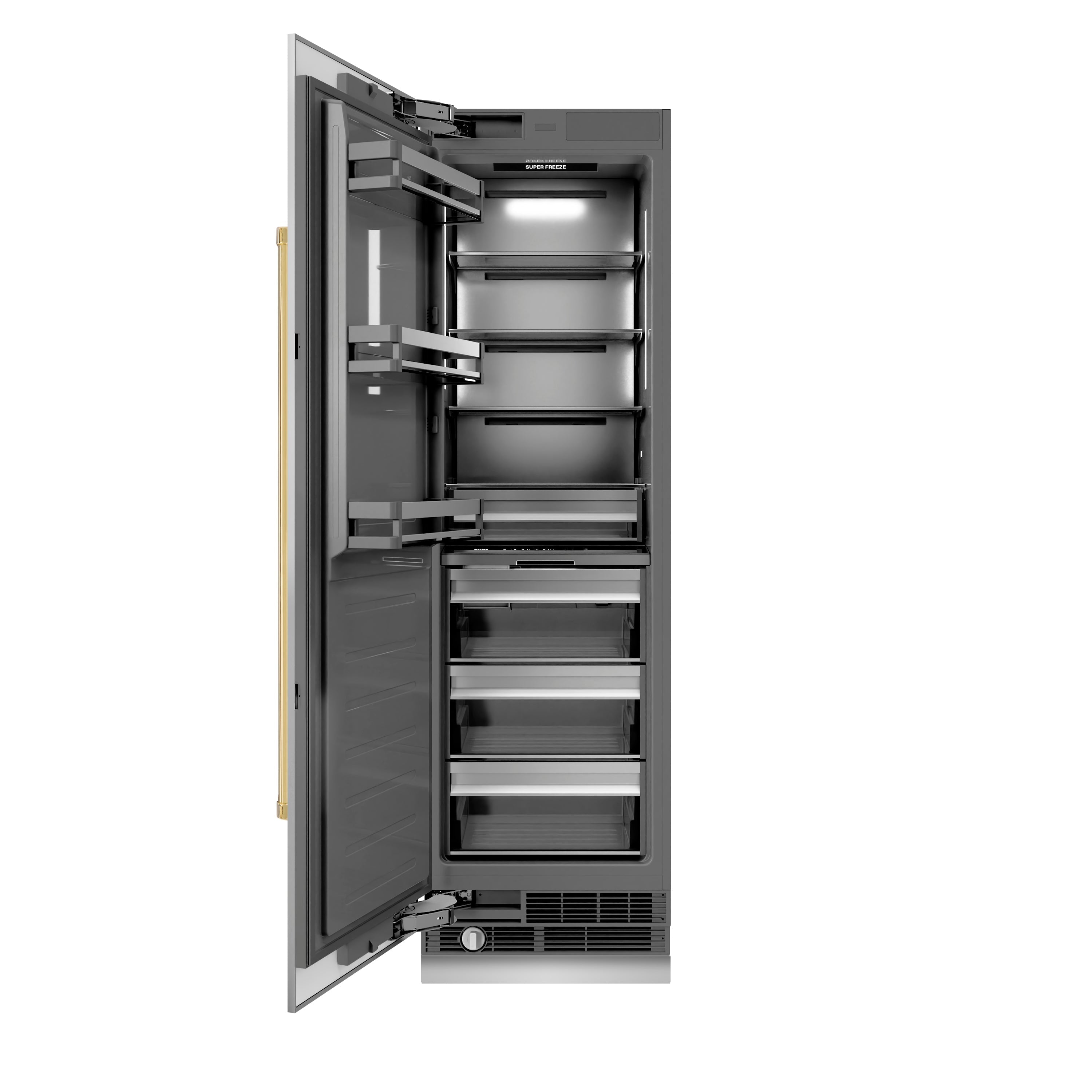 ZLINE Autograph 24" 12.4 cu. ft. Column Freezer in Stainless Steel with Graphite Gray Interior and Polished Gold Accents, RCFVZ-30424-G