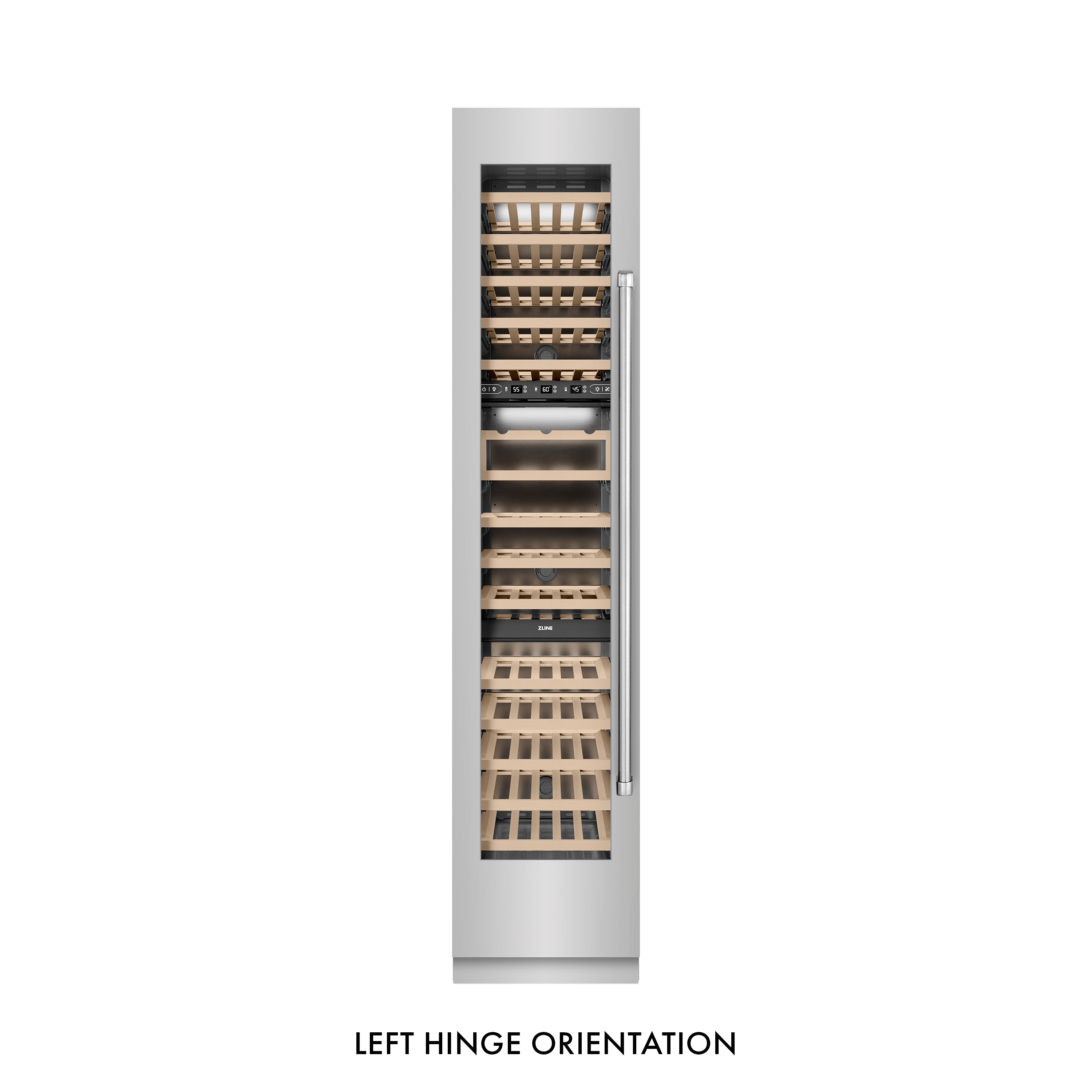 ZLINE 18" 9.0 cu. ft. Triple Zone 68 Bottle Left Hinge Column Wine Cooler in Stainless Steel, RCWVL-304-18