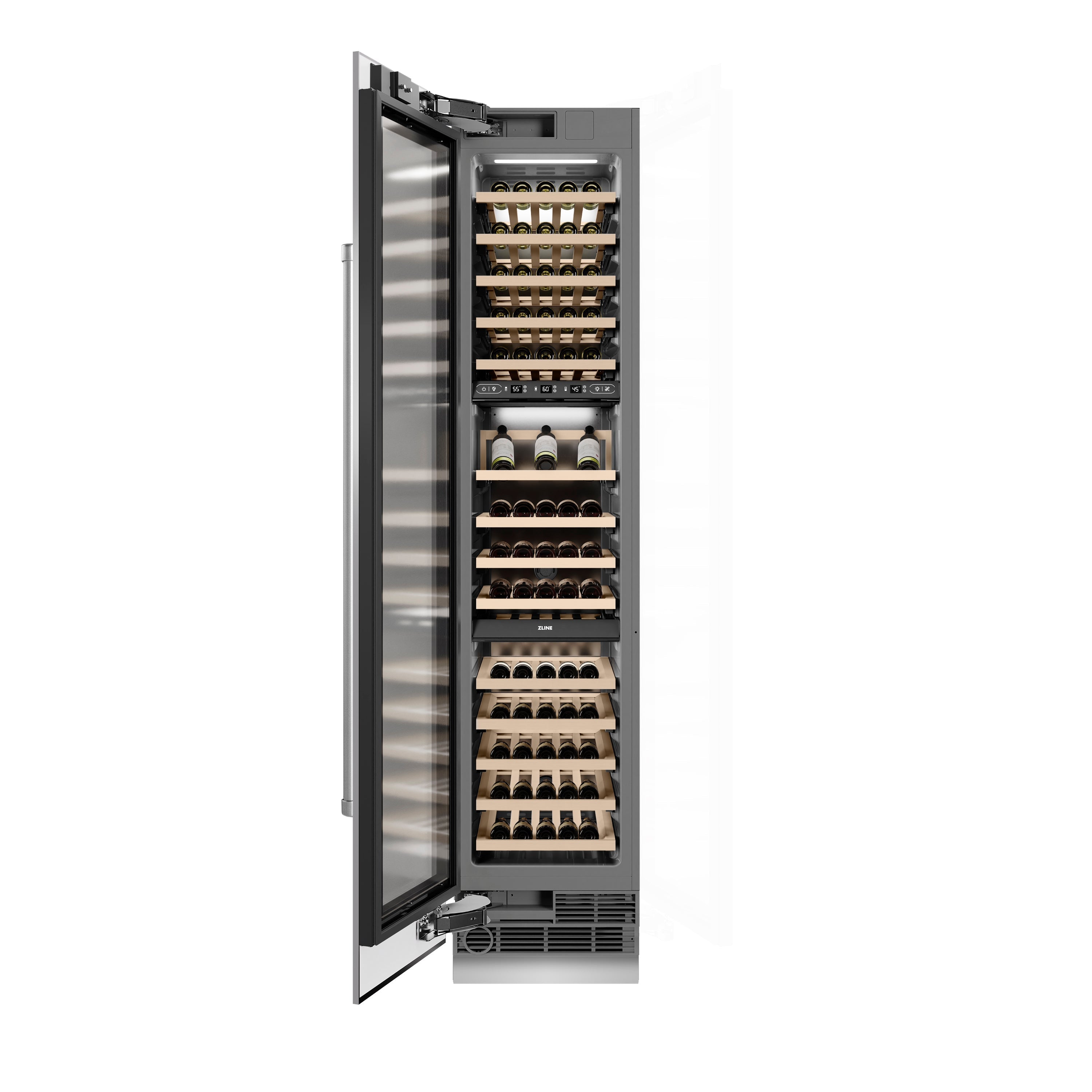 ZLINE 18" 9.0 cu. ft. Triple Zone 68 Bottle Left Hinge Column Wine Cooler in Stainless Steel, RCWVL-304-18