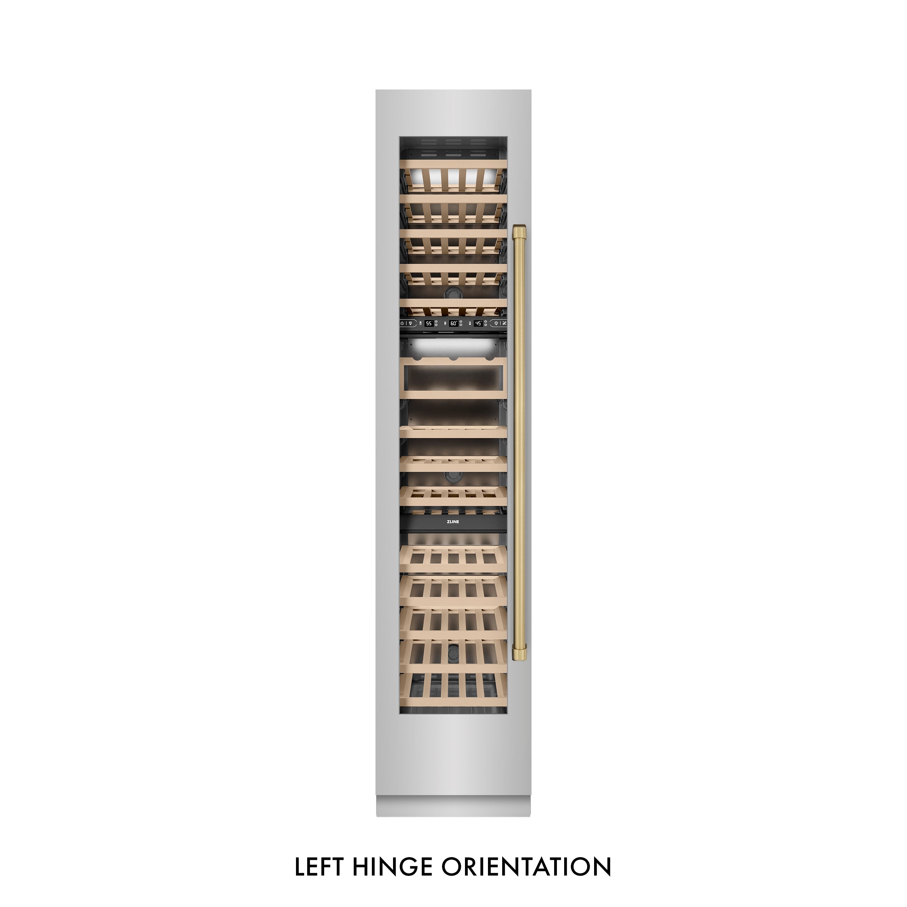ZLINE Autograph 18" 9.0 cu. ft. Triple Zone 68 Bottle Left Hinge Column Wine Cooler in Stainless Steel with Champagne Bronze Accents, RCWVLZ-30418-CB