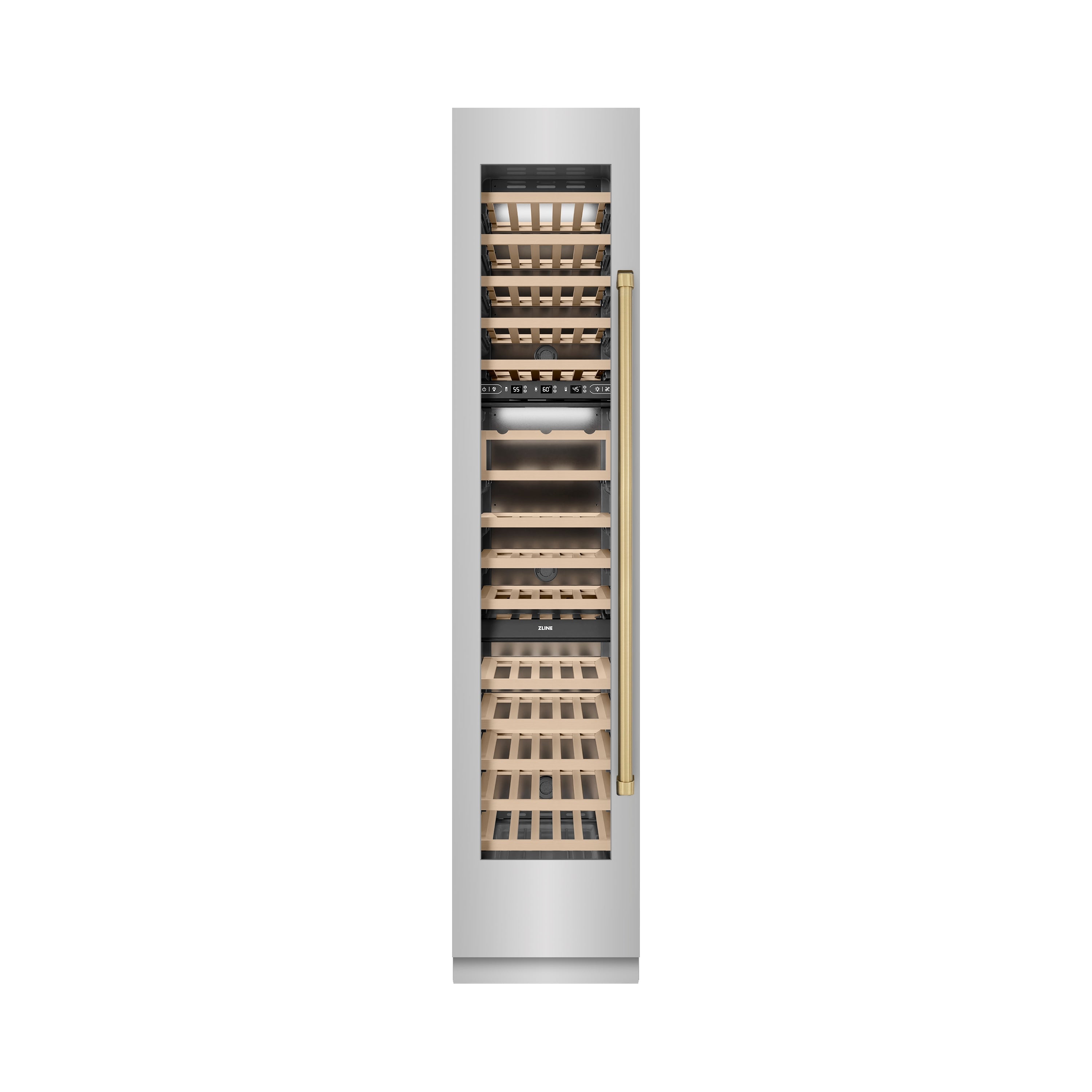 ZLINE Autograph 18" 9.0 cu. ft. Triple Zone 68 Bottle Left Hinge Column Wine Cooler in Stainless Steel with Champagne Bronze Accents, RCWVLZ-30418-CB