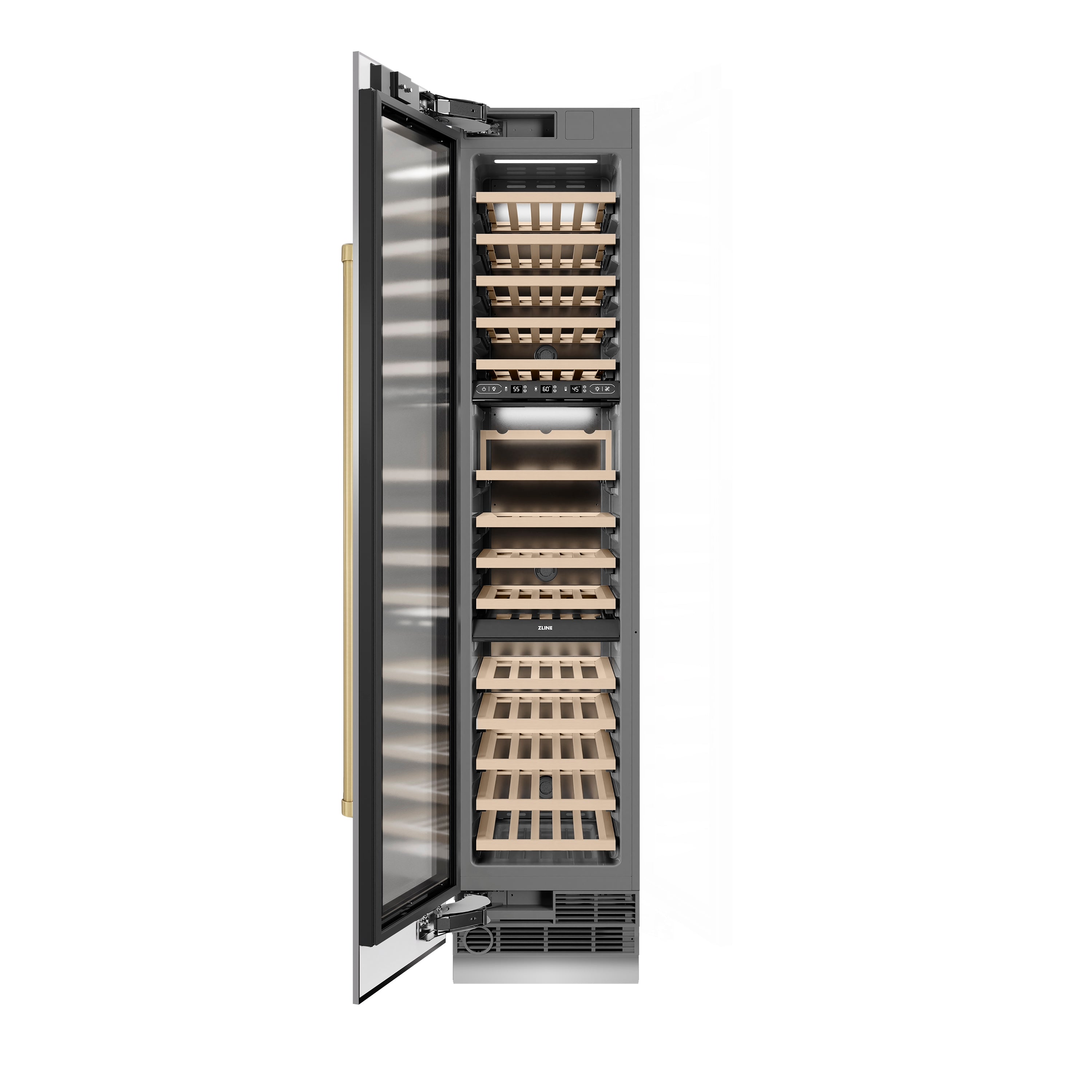 ZLINE Autograph 18" 9.0 cu. ft. Triple Zone 68 Bottle Left Hinge Column Wine Cooler in Stainless Steel with Champagne Bronze Accents, RCWVLZ-30418-CB
