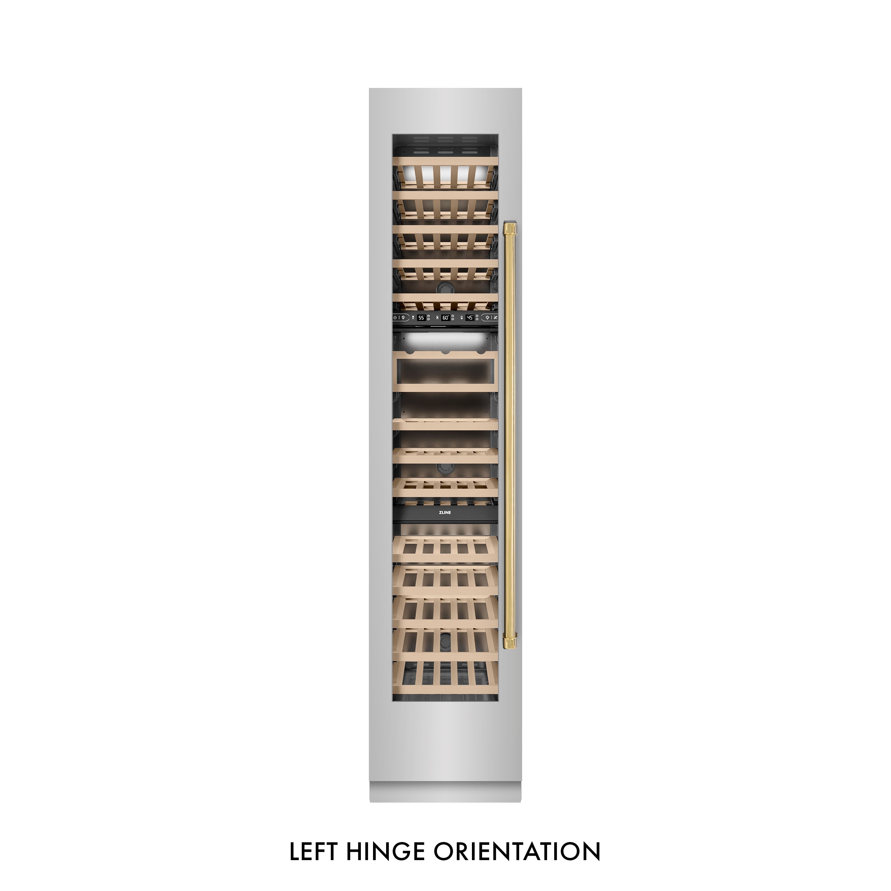 ZLINE Autograph 18" 9.0 cu. ft. Triple Zone 68 Bottle Left Hinge Column Wine Cooler in Stainless Steel with Polished Gold Accents, RCWVLZ-30418-G