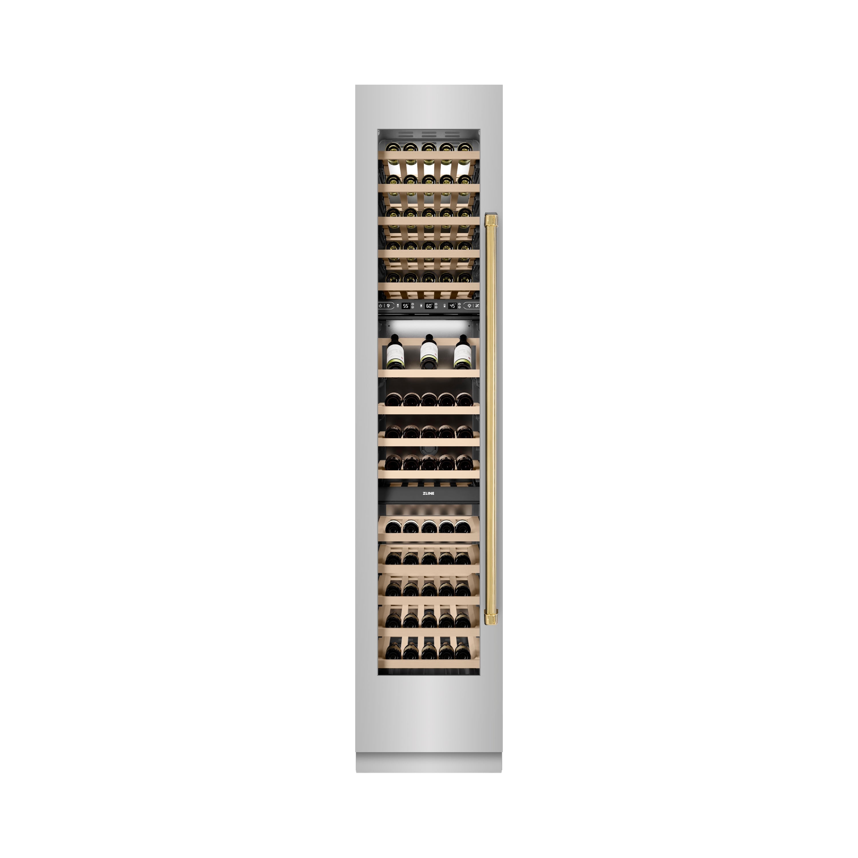 ZLINE Autograph 18" 9.0 cu. ft. Triple Zone 68 Bottle Left Hinge Column Wine Cooler in Stainless Steel with Polished Gold Accents, RCWVLZ-30418-G