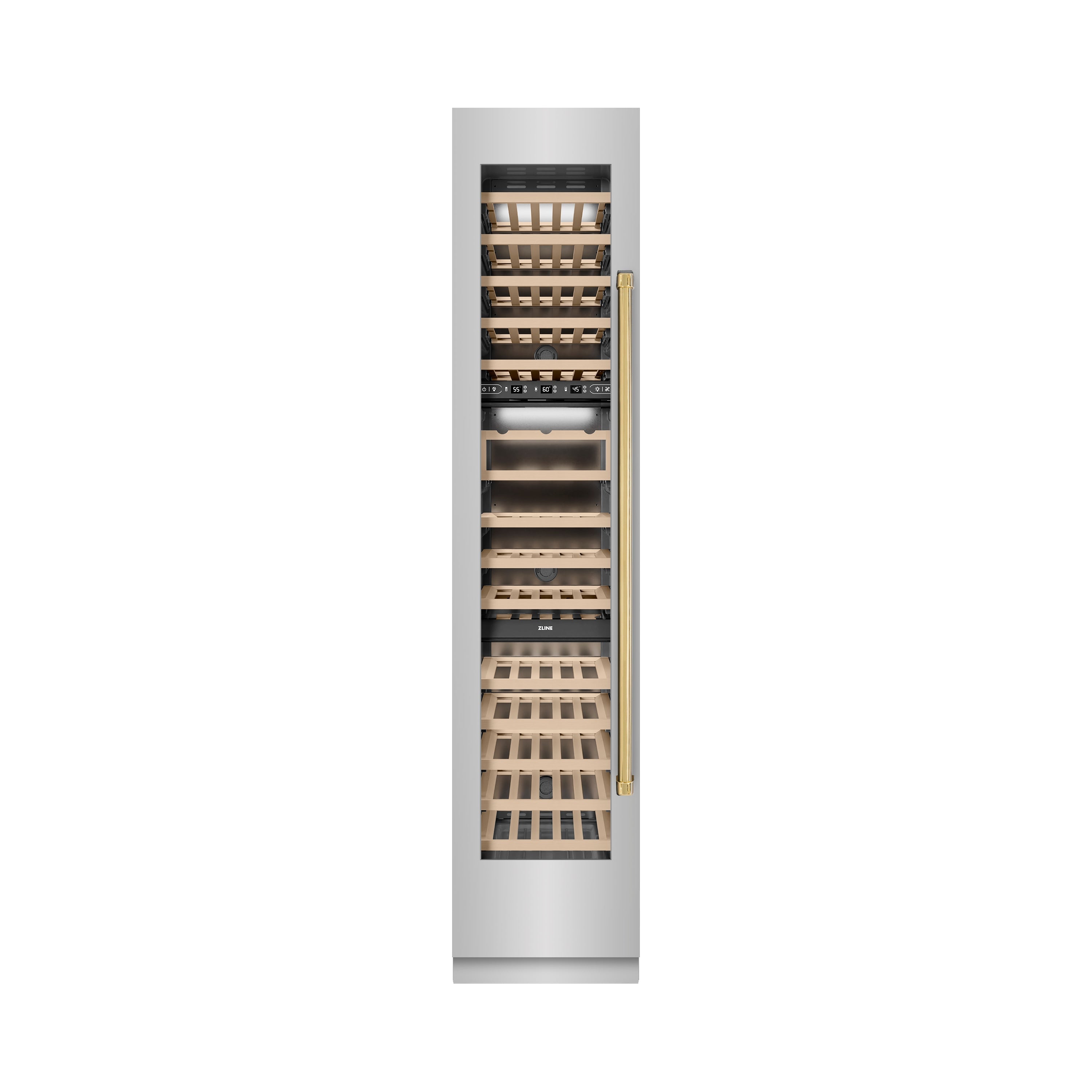 ZLINE Autograph 18" 9.0 cu. ft. Triple Zone 68 Bottle Left Hinge Column Wine Cooler in Stainless Steel with Polished Gold Accents, RCWVLZ-30418-G