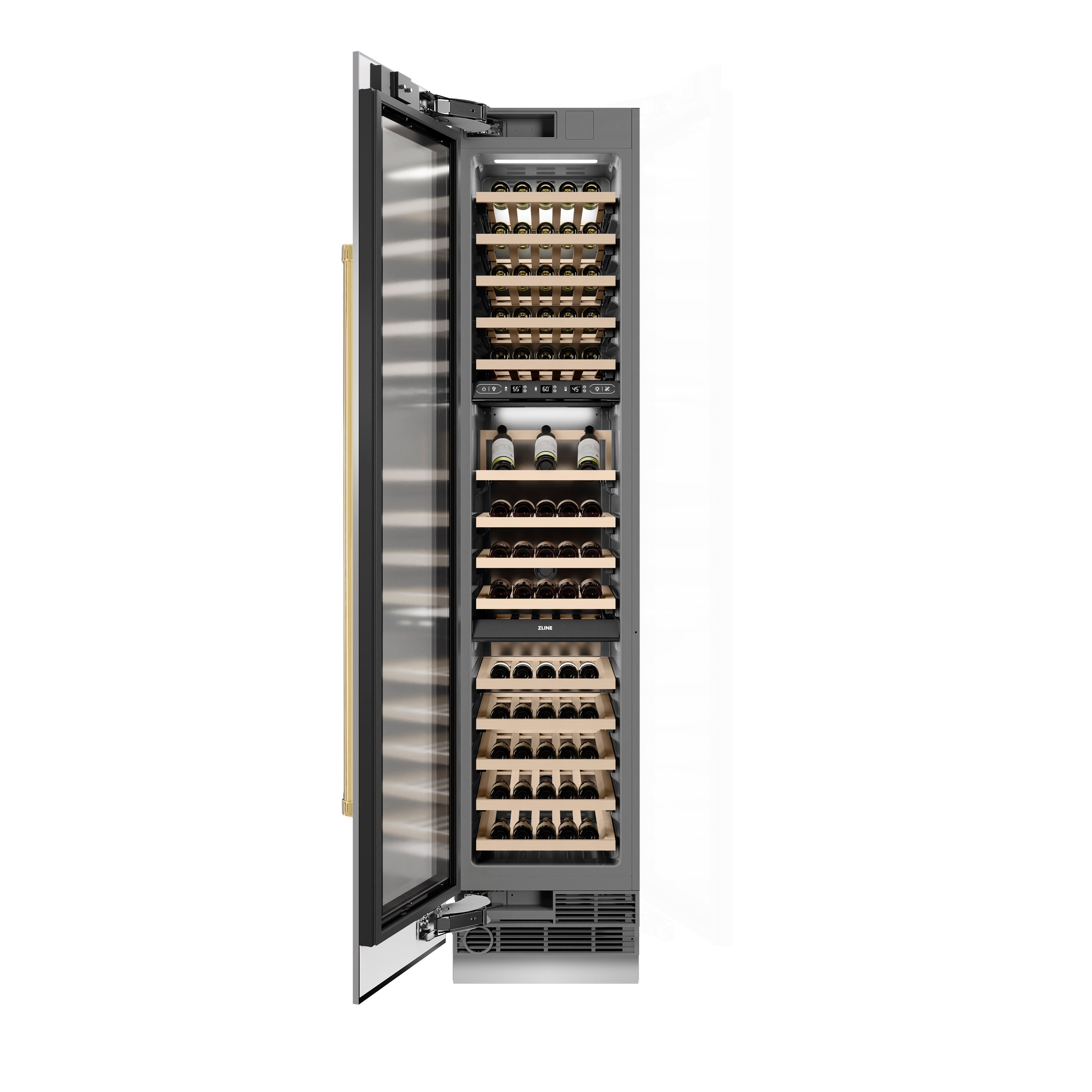 ZLINE Autograph 18" 9.0 cu. ft. Triple Zone 68 Bottle Left Hinge Column Wine Cooler in Stainless Steel with Polished Gold Accents, RCWVLZ-30418-G