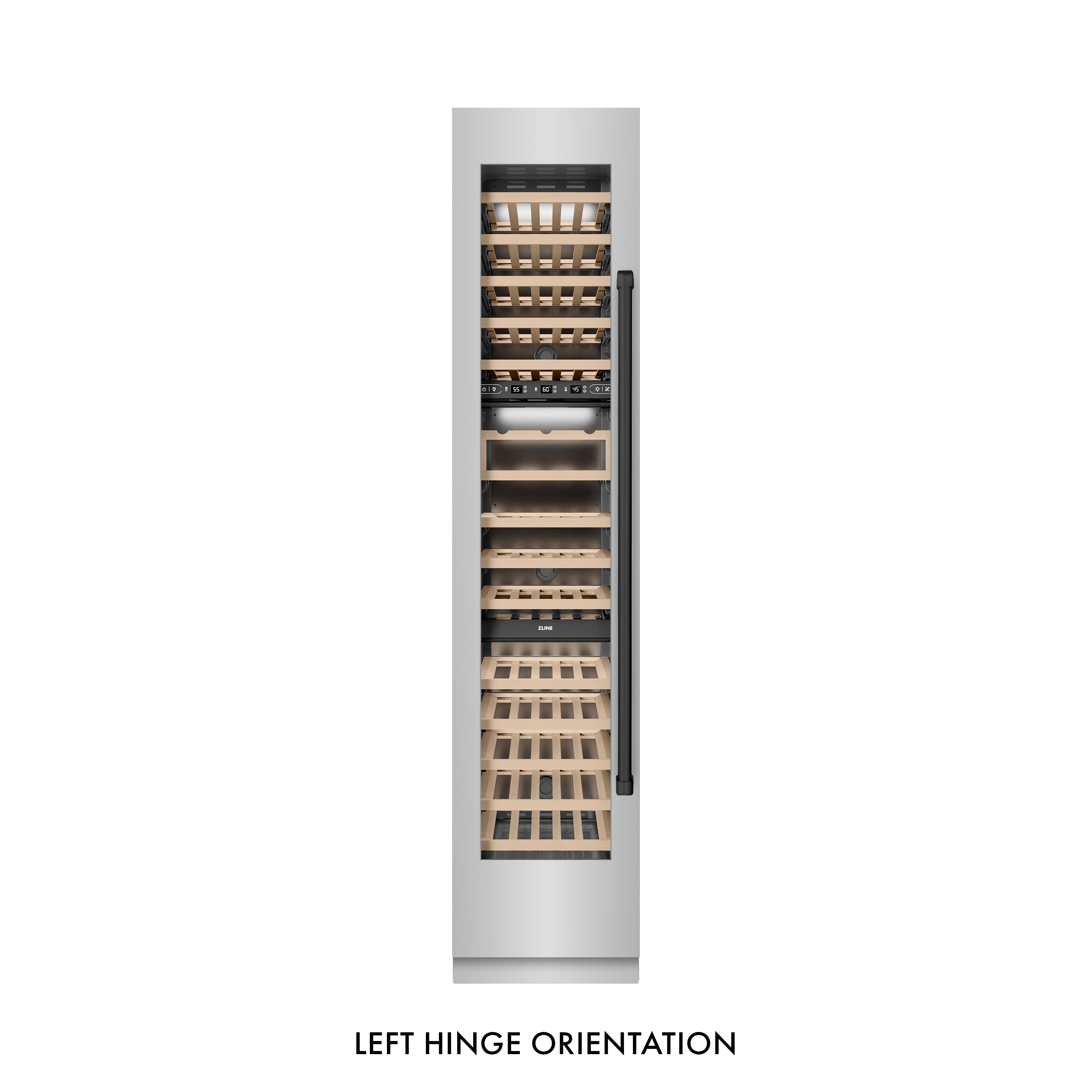 ZLINE Autograph 18" 9.0 cu. ft. Triple Zone 68 Bottle Left Hinge Column Wine Cooler in Stainless Steel with Matte Black Accents, RCWVLZ-30418-MB