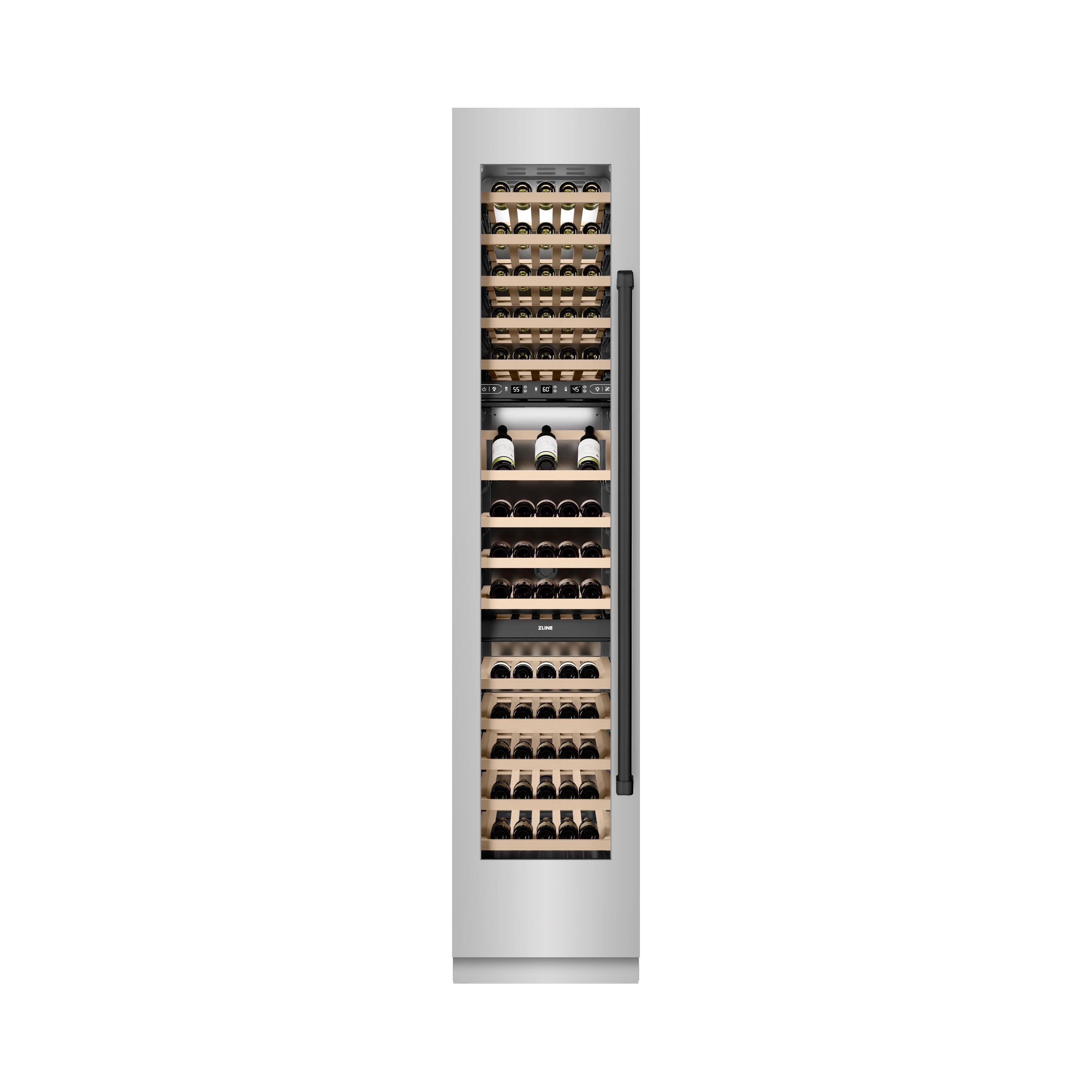 ZLINE Autograph 18" 9.0 cu. ft. Triple Zone 68 Bottle Left Hinge Column Wine Cooler in Stainless Steel with Matte Black Accents, RCWVLZ-30418-MB