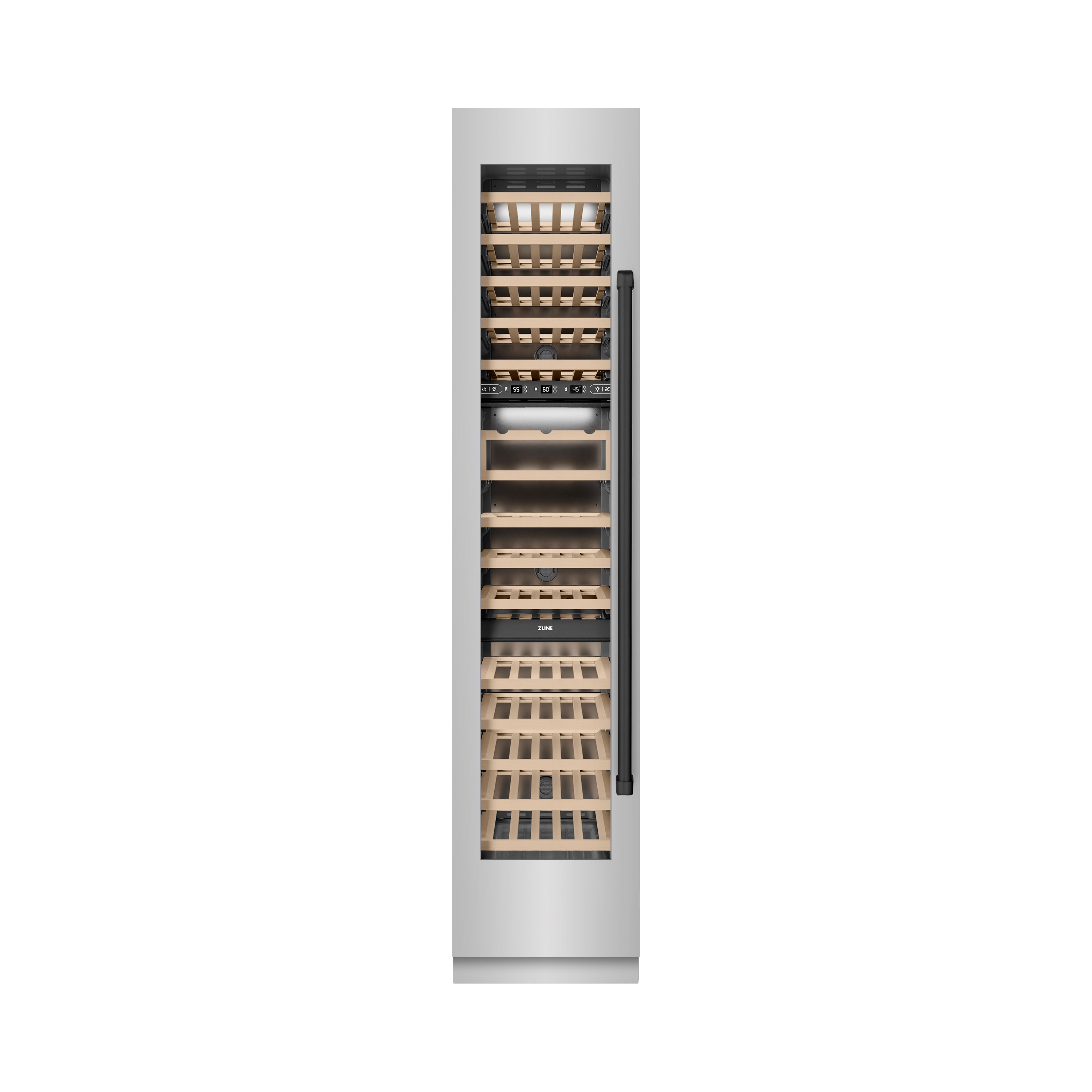 ZLINE Autograph 18" 9.0 cu. ft. Triple Zone 68 Bottle Left Hinge Column Wine Cooler in Stainless Steel with Matte Black Accents, RCWVLZ-30418-MB