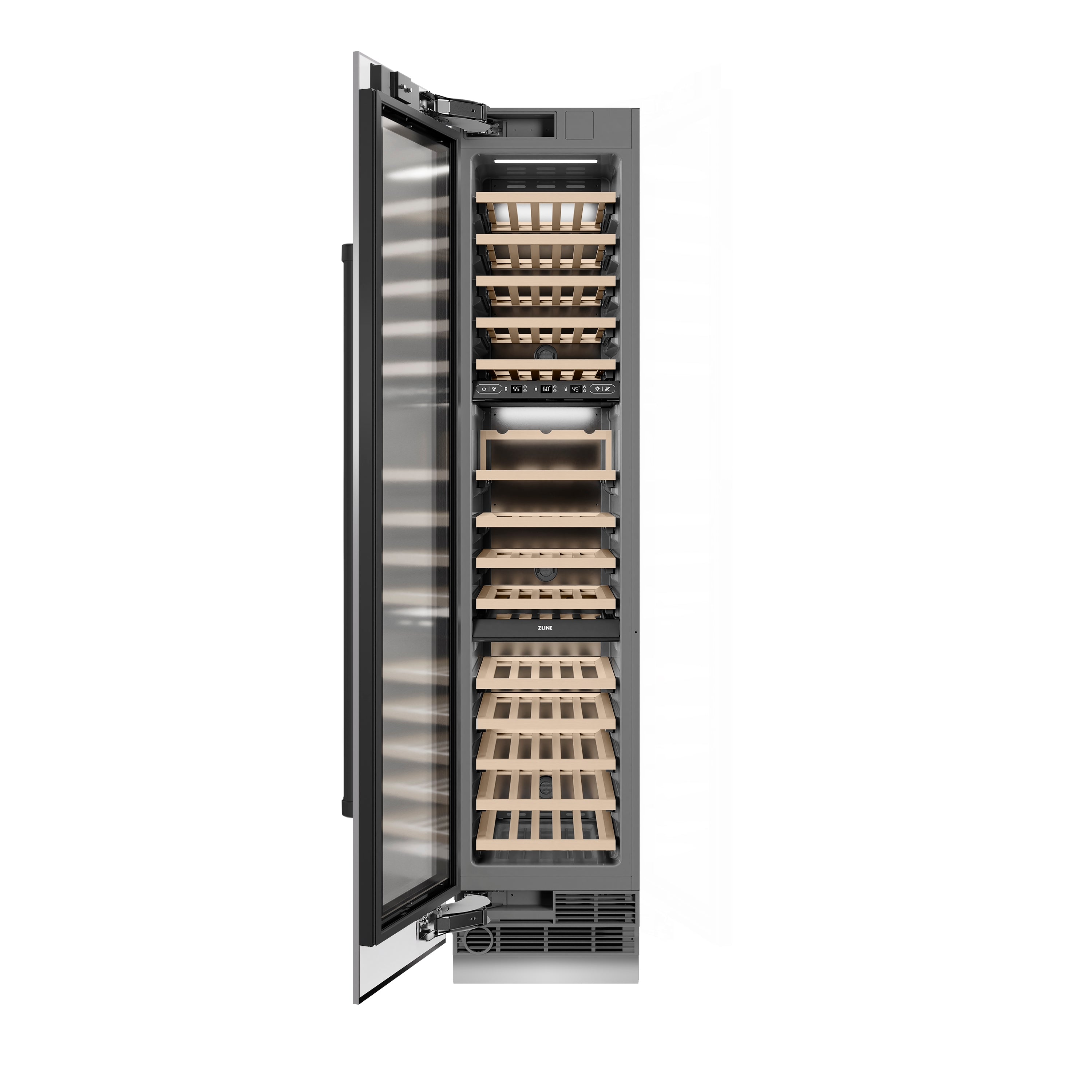 ZLINE Autograph 18" 9.0 cu. ft. Triple Zone 68 Bottle Left Hinge Column Wine Cooler in Stainless Steel with Matte Black Accents, RCWVLZ-30418-MB