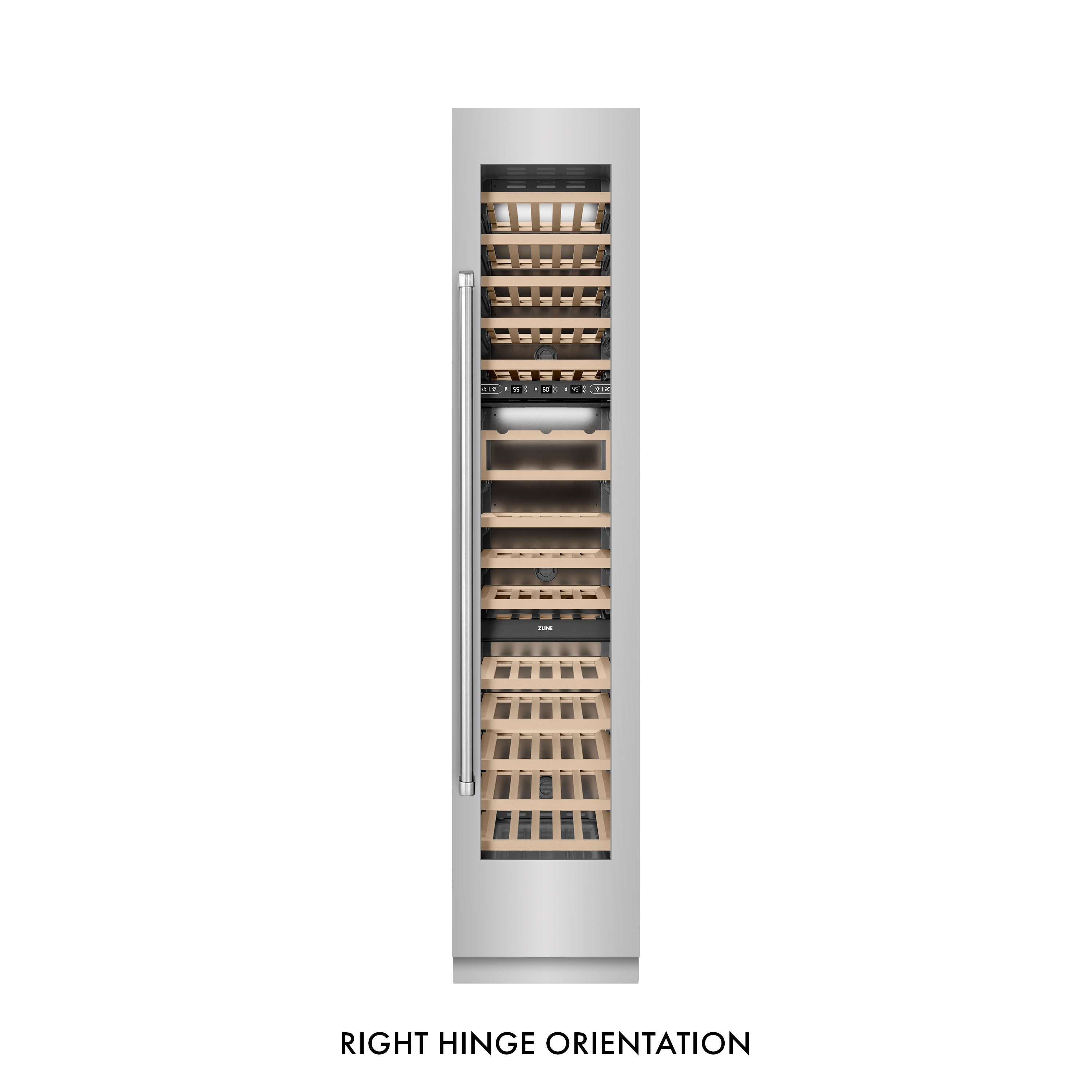 ZLINE 18" 9.0 cu. ft. Triple Zone 68 Bottle Right Hinge Column Wine Cooler in Stainless Steel, RCWVR-304-18
