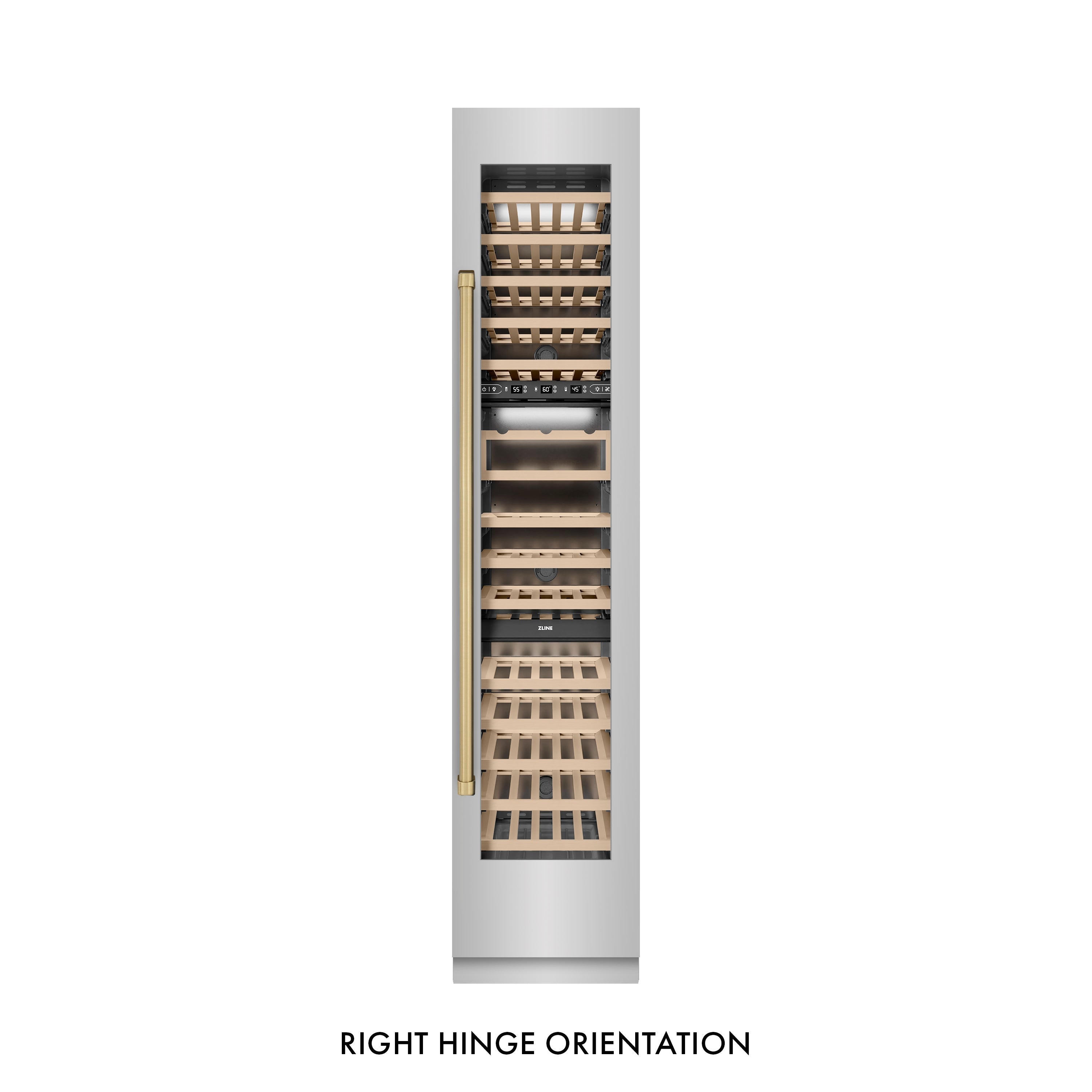 ZLINE Autograph 18" 9.0 cu. ft. Triple Zone 68 Bottle Right Hinge Column Wine Cooler in Stainless Steel with Champagne Bronze Accents, RCWVRZ-30418-CB