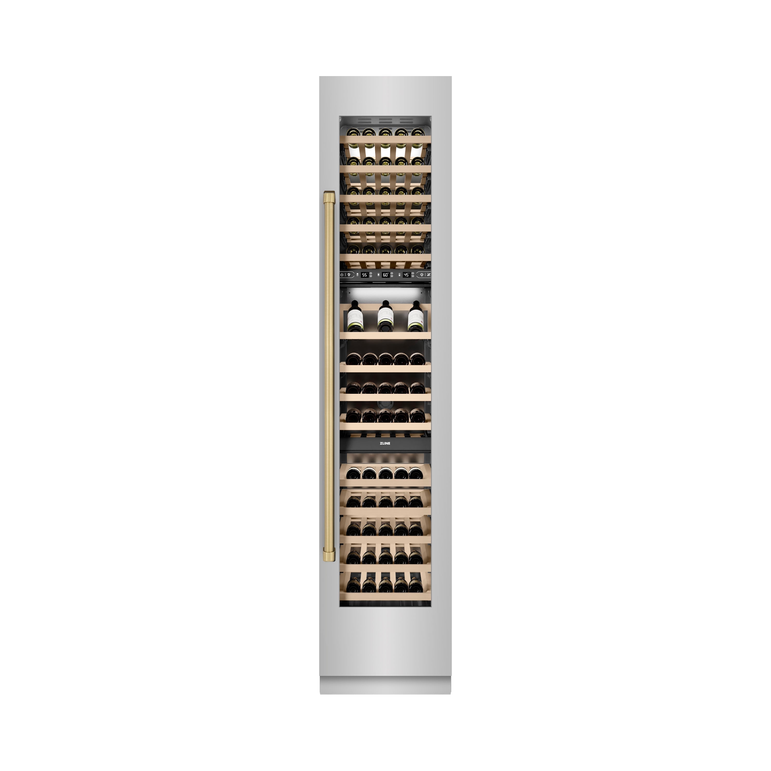 ZLINE Autograph 18" 9.0 cu. ft. Triple Zone 68 Bottle Right Hinge Column Wine Cooler in Stainless Steel with Champagne Bronze Accents, RCWVRZ-30418-CB