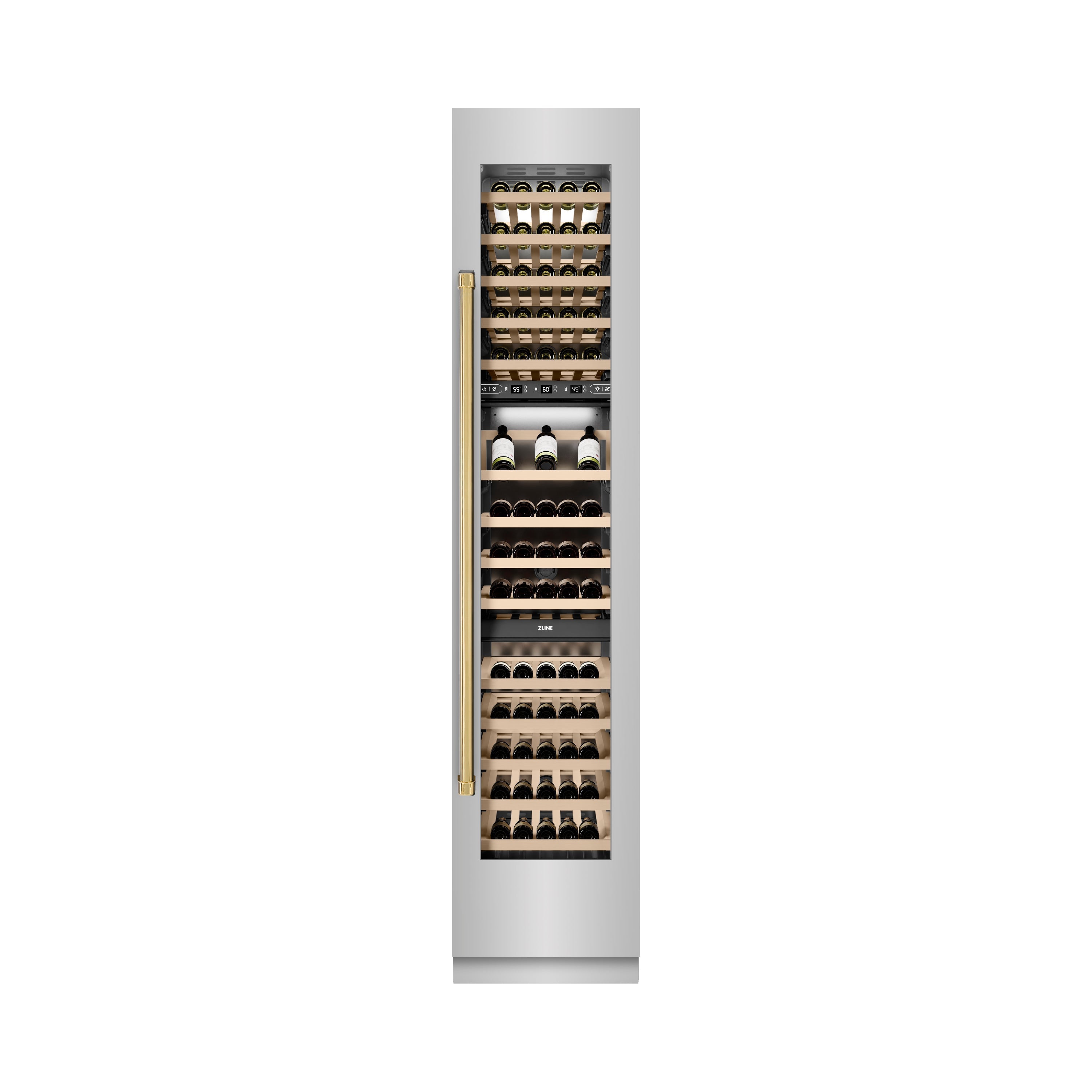 ZLINE Autograph 18" 9.0 cu. ft. Triple Zone 68 Bottle Right Hinge Column Wine Cooler in Stainless Steel with Polished Gold Accents, RCWVRZ-30418-G
