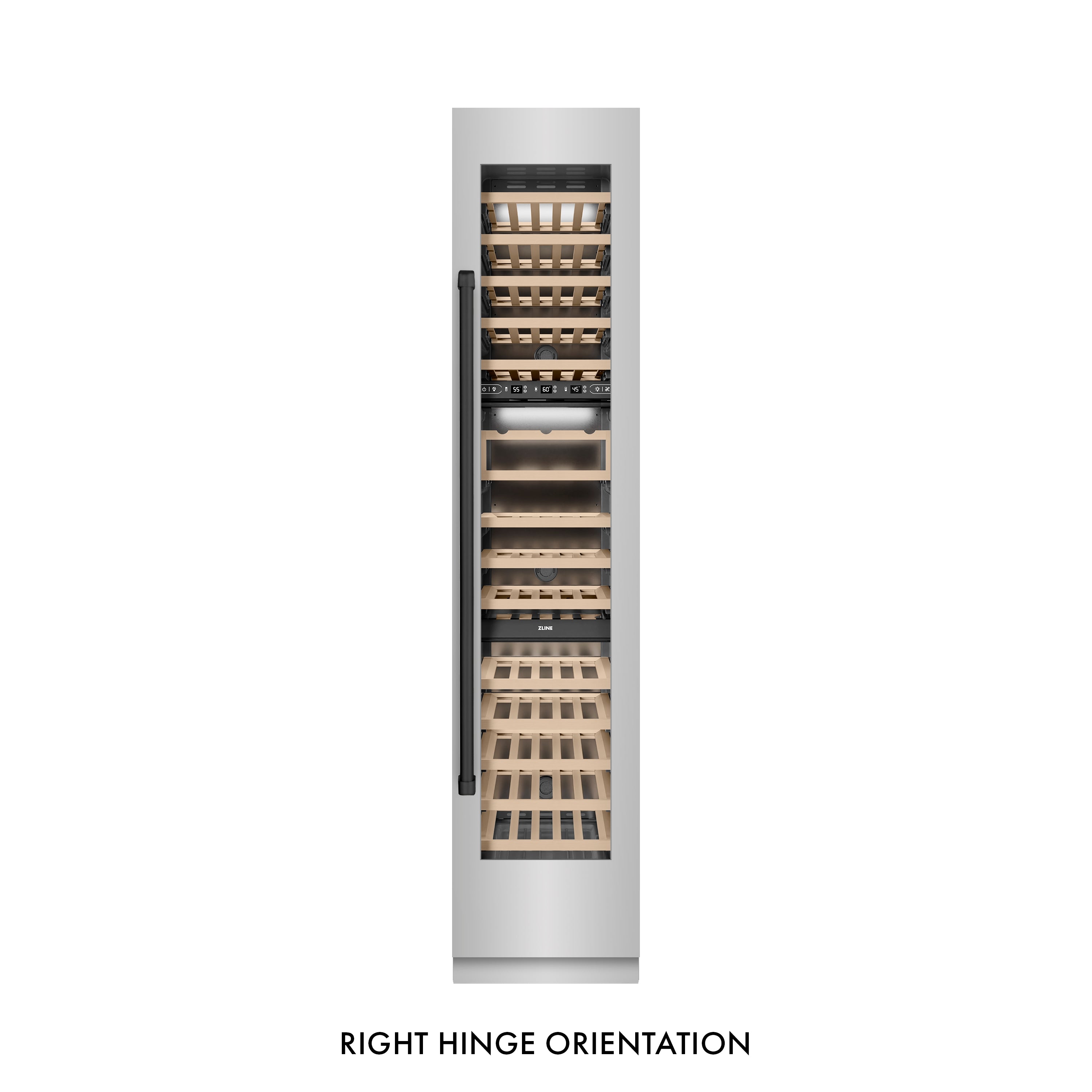 ZLINE Autograph 18" 9.0 cu. ft. Triple Zone 68 Bottle Right Hinge Column Wine Cooler in Stainless Steel with Matte Black Accents, RCWVRZ-30418-MB