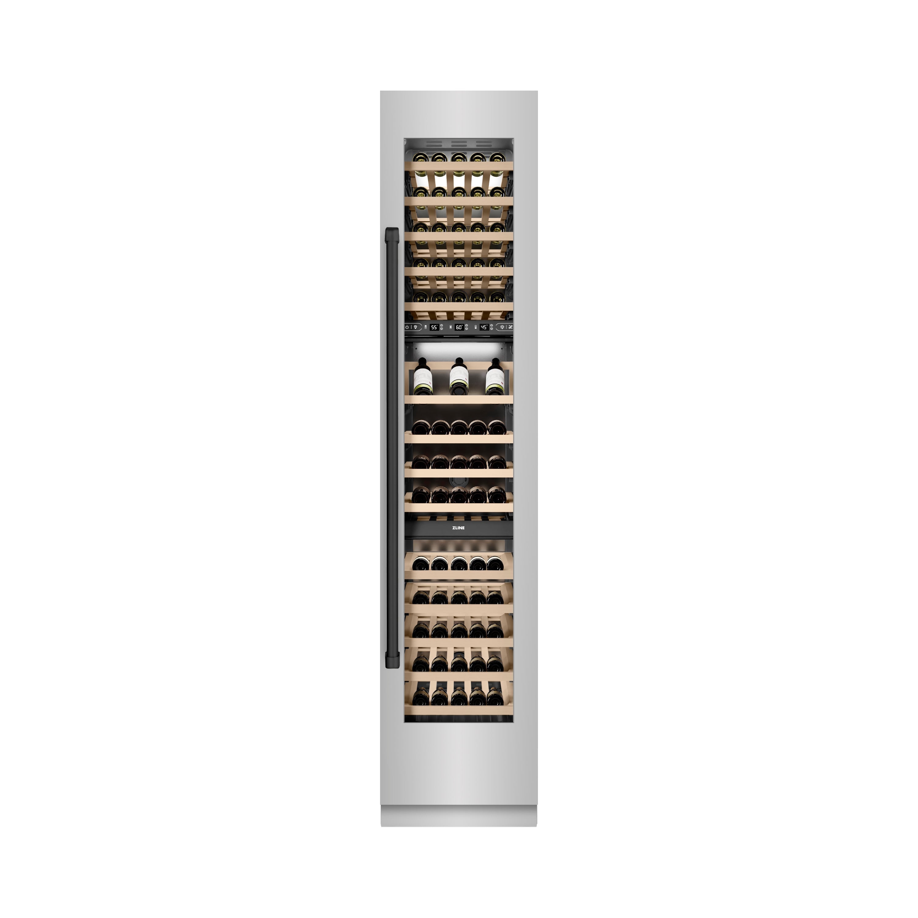 ZLINE Autograph 18" 9.0 cu. ft. Triple Zone 68 Bottle Right Hinge Column Wine Cooler in Stainless Steel with Matte Black Accents, RCWVRZ-30418-MB
