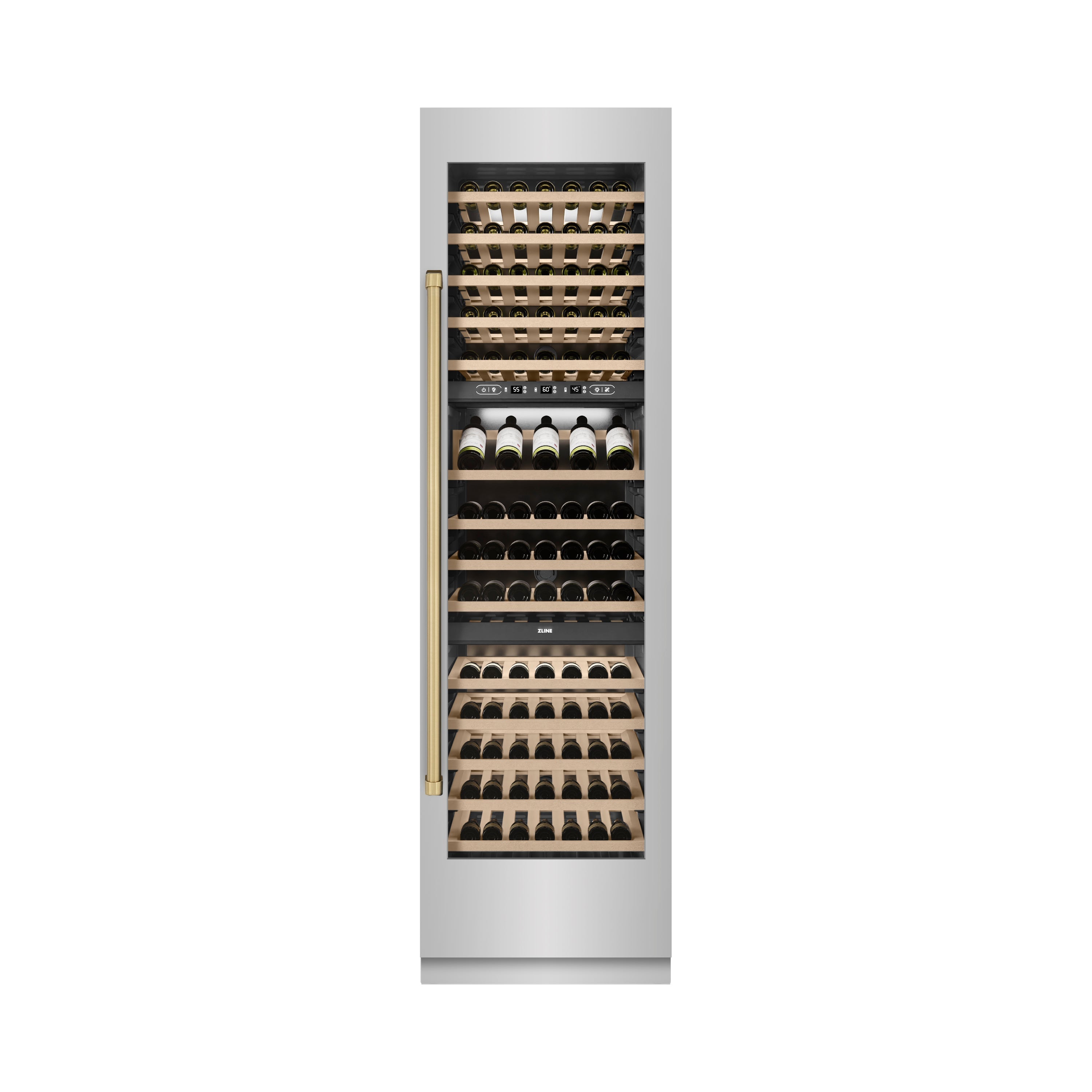 ZLINE Autograph 24" 12.4 cu. ft. Triple Zone 100 Bottle Column Wine Cooler in Stainless Steel and Champagne Bronze Accents, RCWVZ-304-24-CB