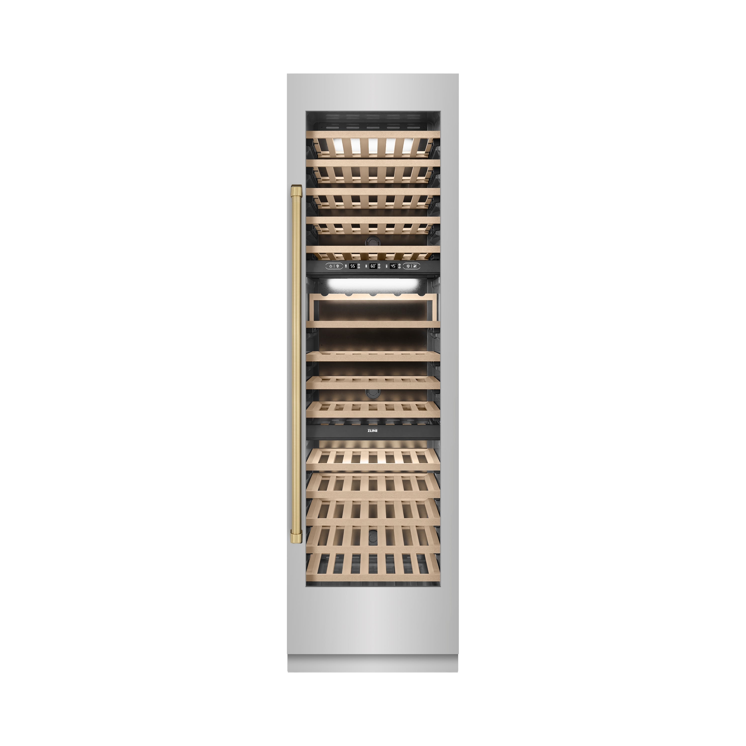 ZLINE Autograph 24" 12.4 cu. ft. Triple Zone 100 Bottle Column Wine Cooler in Stainless Steel and Champagne Bronze Accents, RCWVZ-304-24-CB