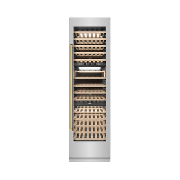 ZLINE Autograph 24" 12.4 cu. ft. Triple Zone 100 Bottle Column Wine Cooler in Stainless Steel and Champagne Bronze Accents, RCWVZ-304-24-CB
