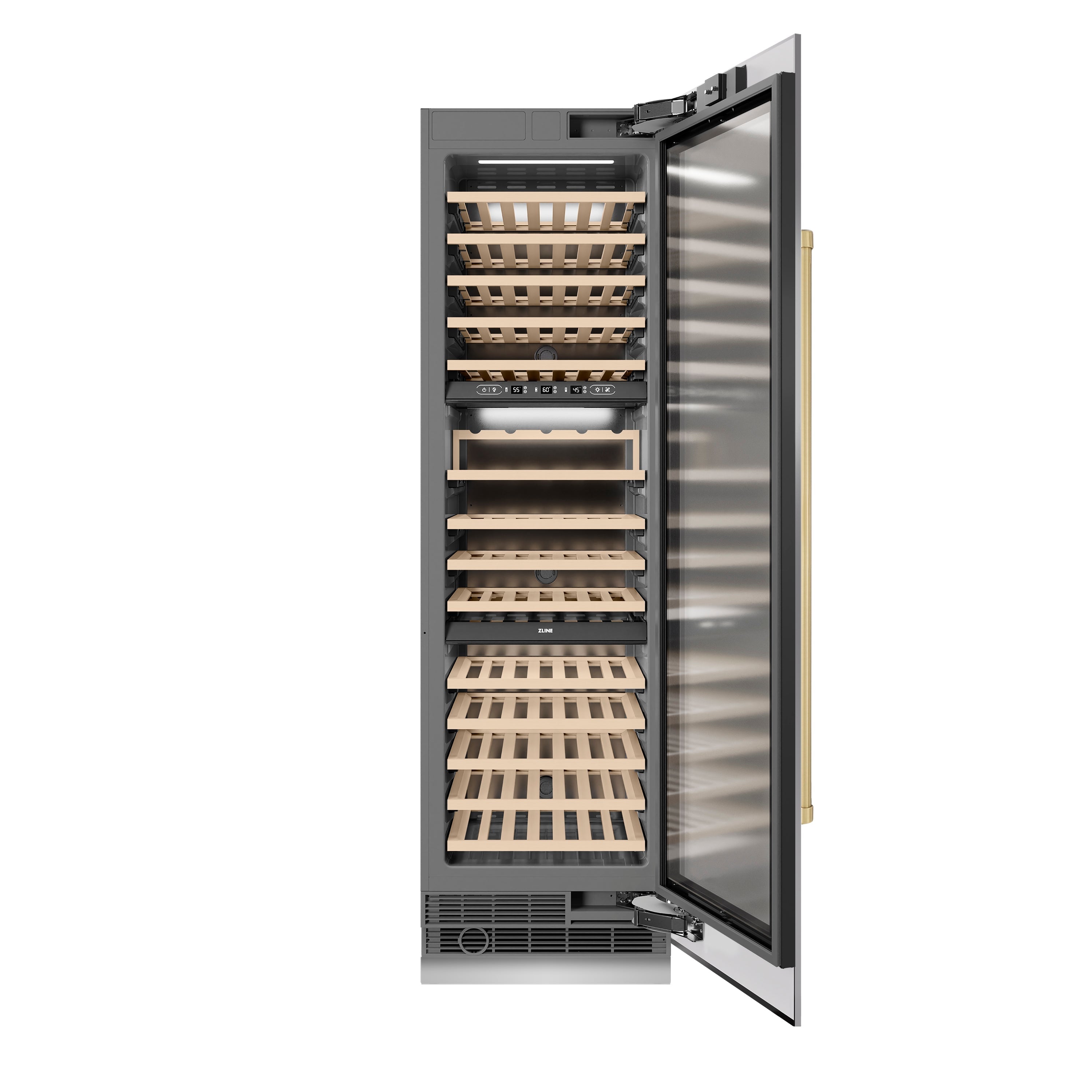 ZLINE Autograph 24" 12.4 cu. ft. Triple Zone 100 Bottle Column Wine Cooler in Stainless Steel and Champagne Bronze Accents, RCWVZ-304-24-CB