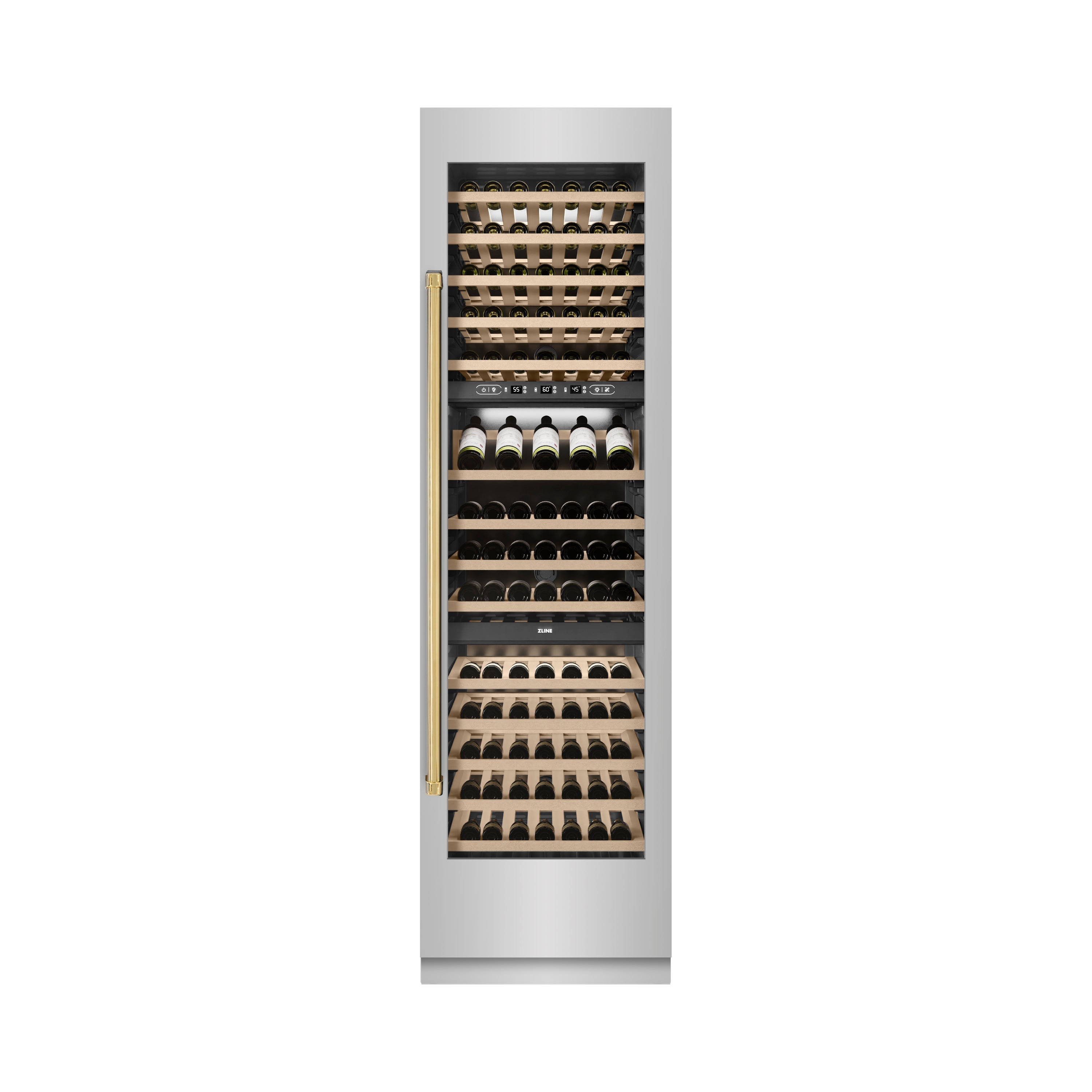 ZLINE Autograph 24" 12.4 cu. ft. Triple Zone 100 Bottle Column Wine Cooler in Stainless Steel and Polished Gold Accents, RCWVZ-304-24-G