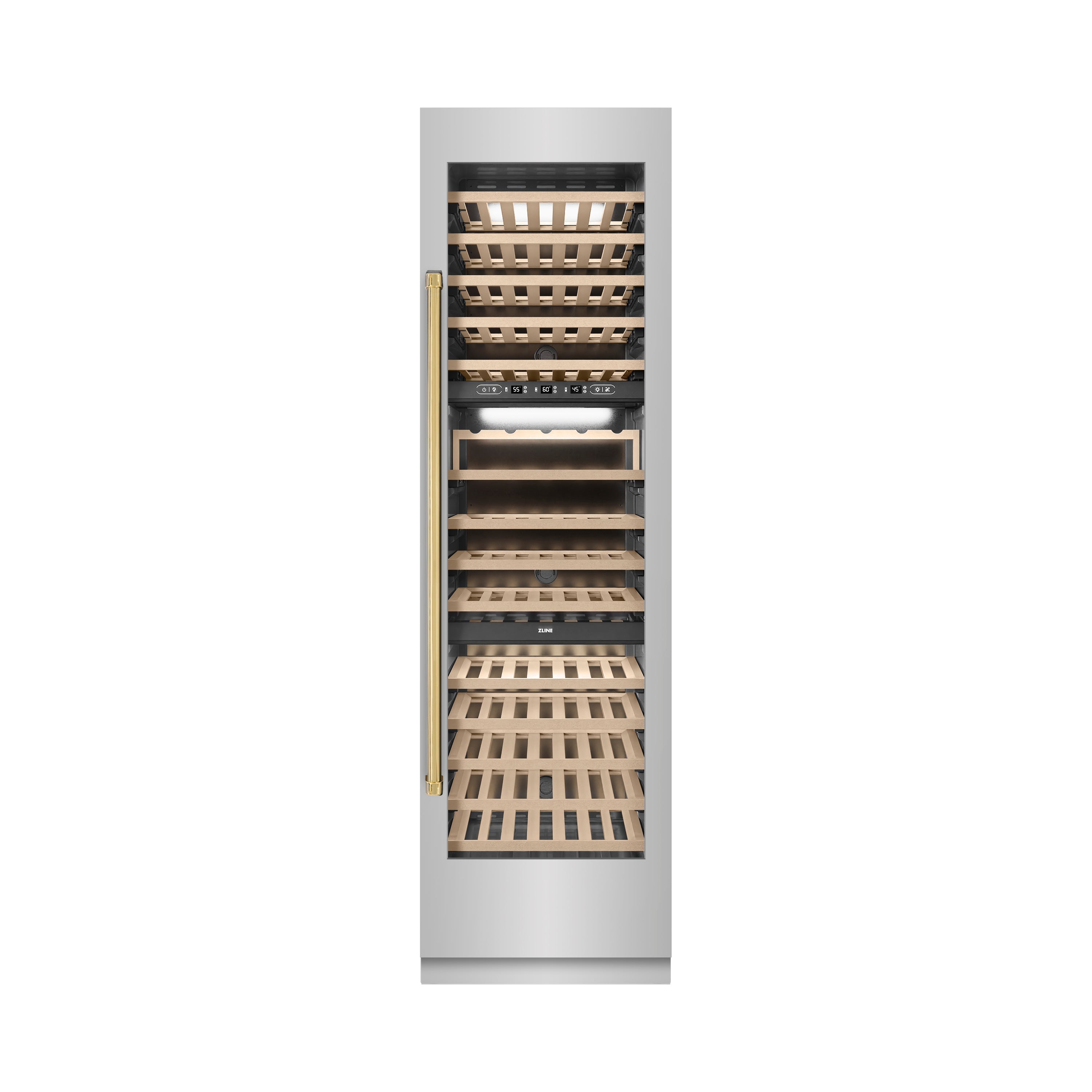 ZLINE Autograph 24" 12.4 cu. ft. Triple Zone 100 Bottle Column Wine Cooler in Stainless Steel and Polished Gold Accents, RCWVZ-304-24-G